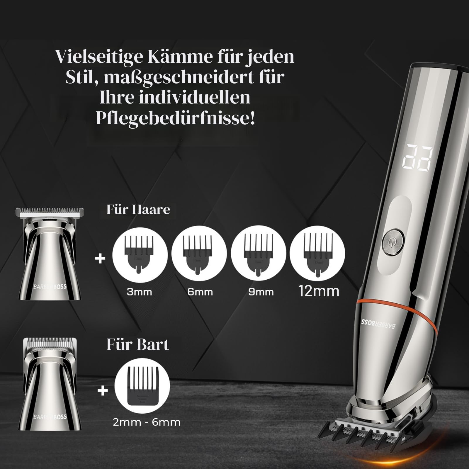 BarberBoss rasierer herren elektrisch, bartschneider herren, 5-in-1 Pflegeset für Männer, Haarschneidemaschine, Bartschneider-Set, Detailrasierer, Präzisionstrimmer für Nase, Ohren & Körper, QR-6010