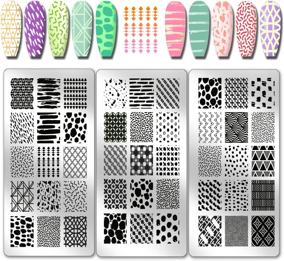 PH PandaHall 3pcs Geometric Line Pattern Nail Stamp Plate Texture Pattern Nails Stencils Stainless Steel Nail Image Plate Geometric Print Art Template for Women DIY Printing 4.7x2.3 inch