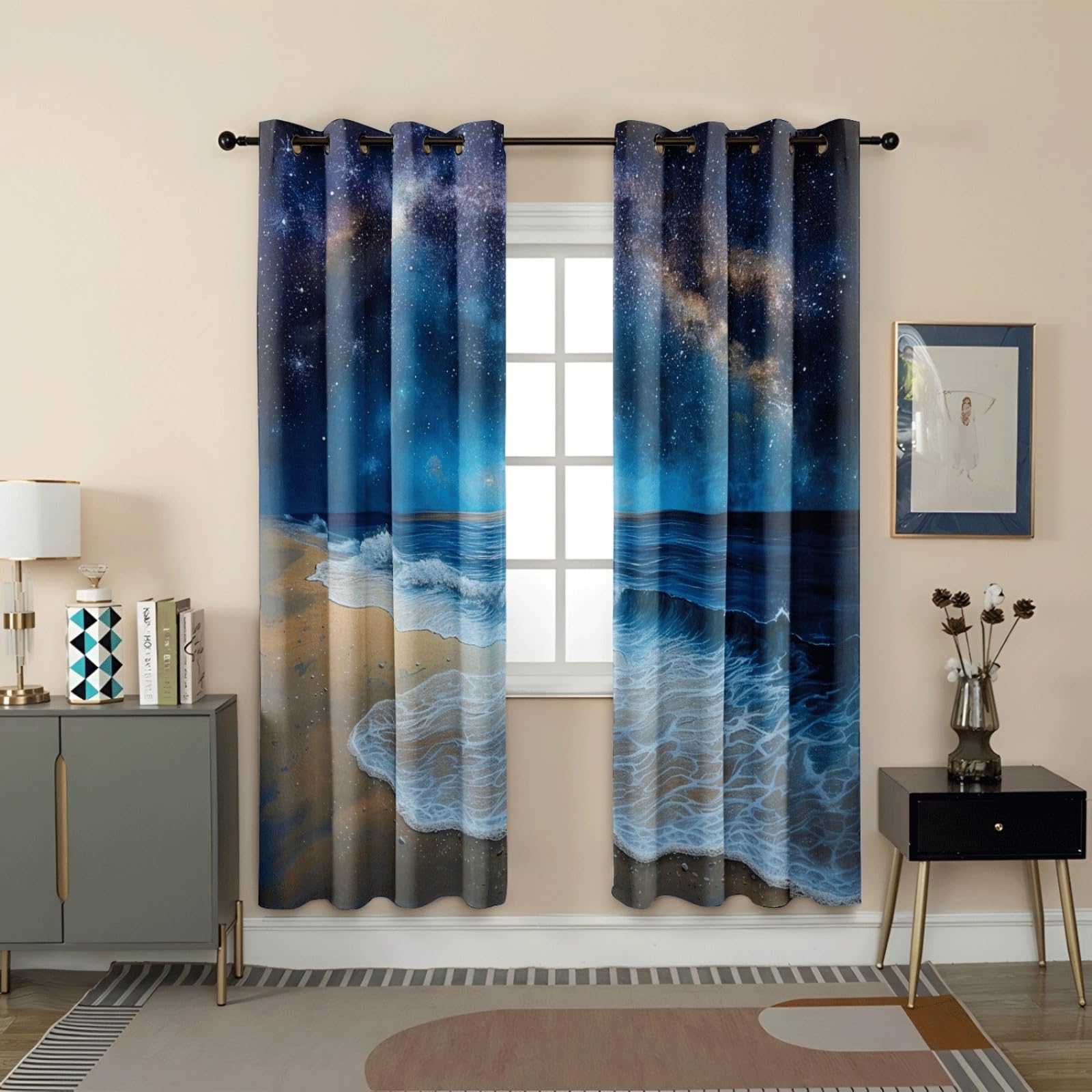 Curtain Blauer Stern Braun Gardinen Polyester Vorhang mit Ösen Blackout Curtain Waschbar Vorhänge mit Ösen Living Room Thermovorhang Schlafzimmer Verdunklungsvorhänge Blickdicht 2x140x160cm