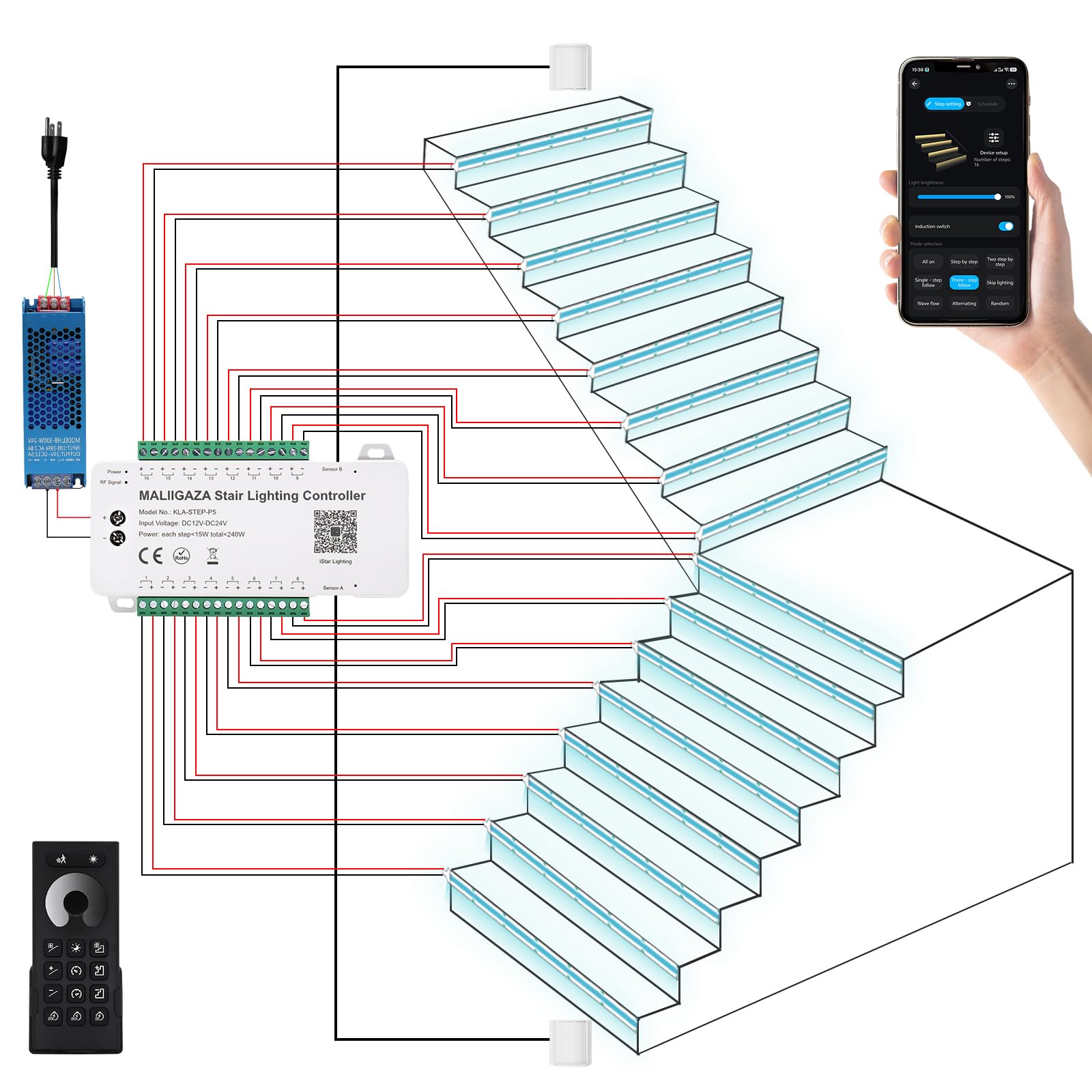 PIR Motion Detection Staircase Lighting Automatic Dynamic Effects Always-On Mode Step-by-Step Illumination Easy DIY Setup Smart Motion Sensor Stair Lights,16 Step COB Strip Kit with App Remote