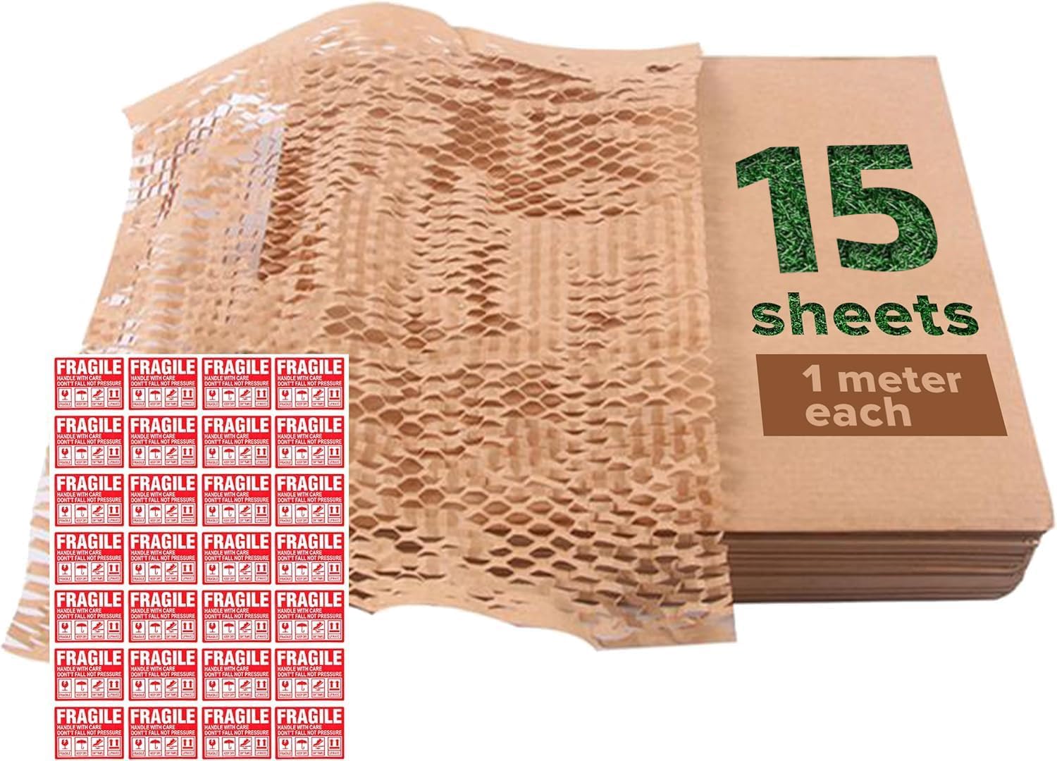 Honeycomb Paper Packaging Sheets with Fragile sticker for Moving Delicate Items, Shipping, No need to cut, Bubble Wrap Alternative, Biodegradable Cushioning Wrap, 15 sheets, Each sheet 1 m X 38 cm