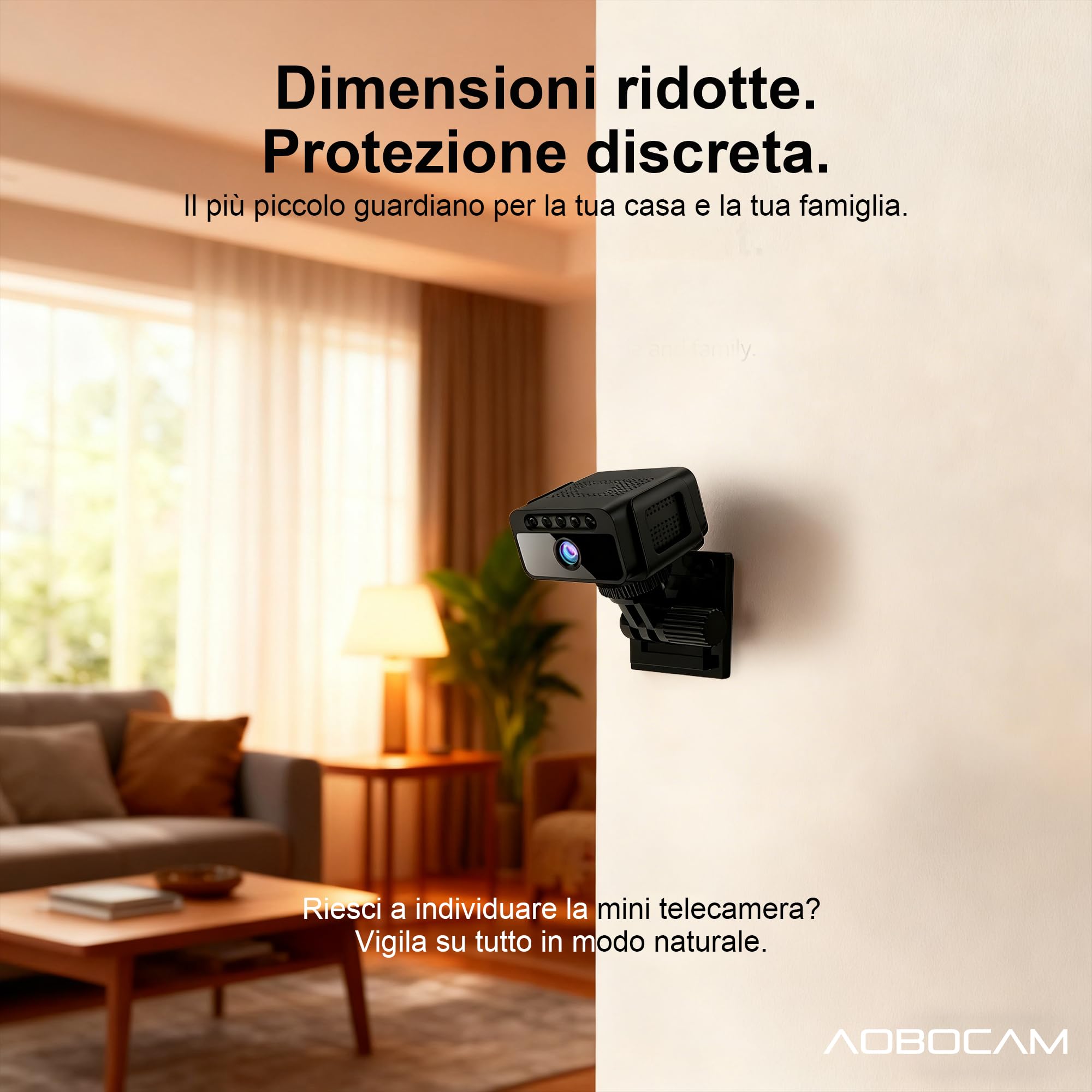AOBOCAM Mini Telecamera WiFi Interna 4K UHD Videocamera Sorveglianza con Visione Notturna, 5 Ore Autonomia, Notifiche Movimento Istantanee, Doppia Memoria SD/Cloud, Controllo Remoto Con App (S)