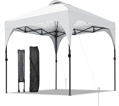 8x8FT Pop Up Canopy, Easy-Setup Gazebo, Outdoor Awning with 3-Adjustable Heights for Beach, Parties, Camping, White.
