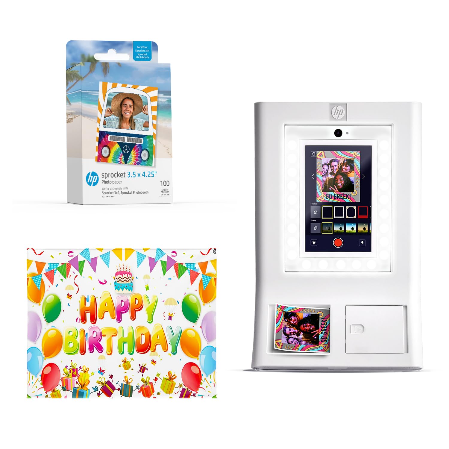 HP Sprocket Cabina fotografica Stampante fotografica istantanea a colori (bianca) + Carta Zink (100 fogli) + Sfondo fotografico per compleanno (1).