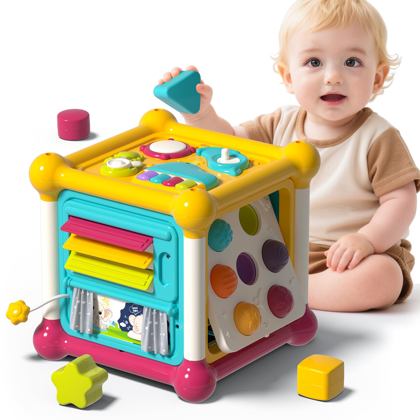PANITU Baby Activity Cube, 6-in-1 Montessori Toys for 1-2 Year Old Boys and Girls, Multi Sensory Shape Blocks, Travel Sensory Toys for Toddlers 1-3