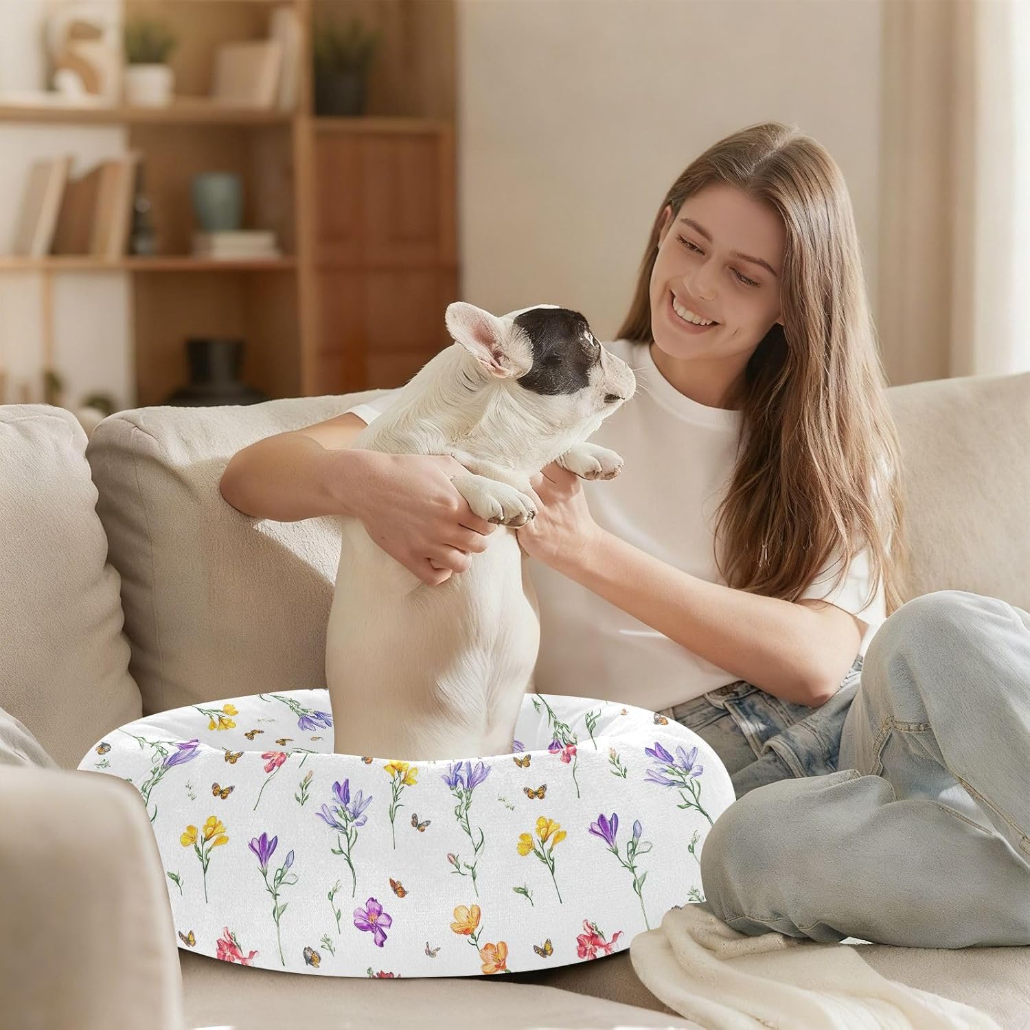 Pet Dog Beds Warm & Cozy Fluffy Dog Pillow Bed for Medium Size Pets Supplies M Sweet Freesia White