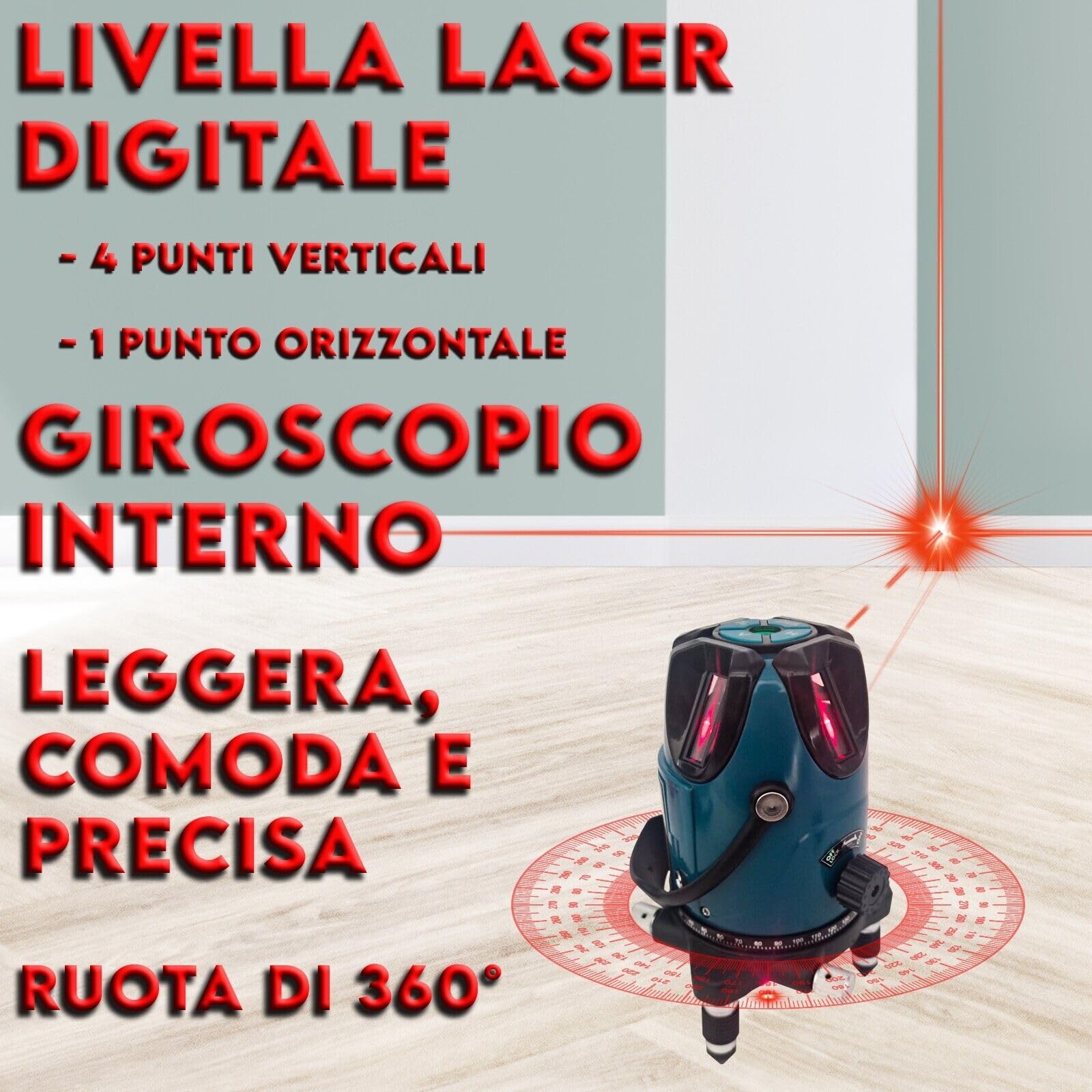 MAKA Livella Laser Autolivellante 360 4 Linee Professionale Luce Rossa Rotazione 10 Ore Autonomia Raggio 10 Metri Giroscopio Interno Linea Verticale ed Orizzontale Stabile (5 Laser)