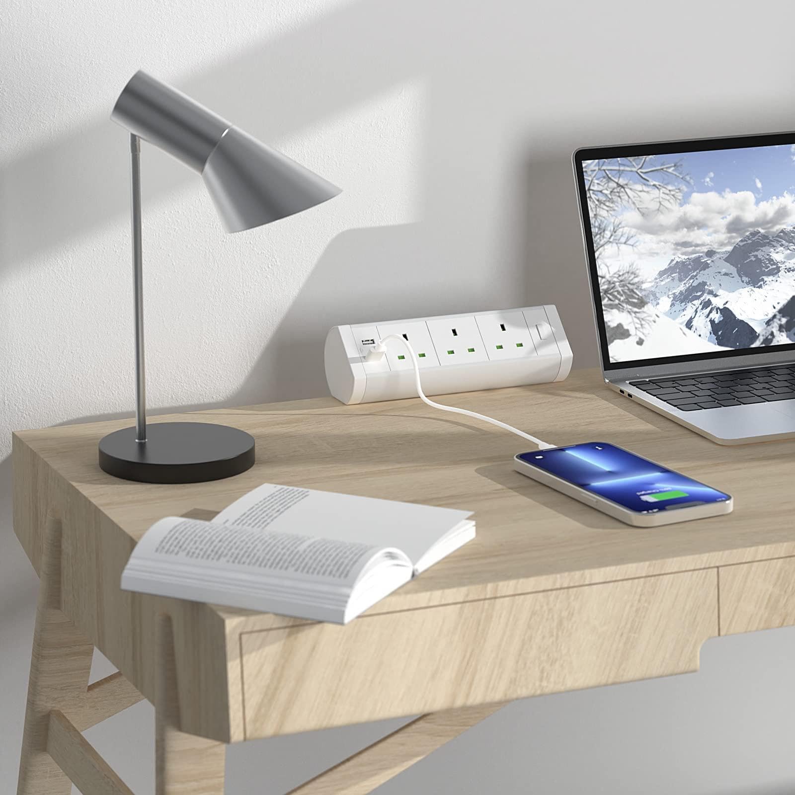 Presa di Alimentazione da scrivania, Presa Multipla in Alluminio con 2 Slot USB, prolunga da scrivania con Interruttore di Controllo, Supporto a Morsetto