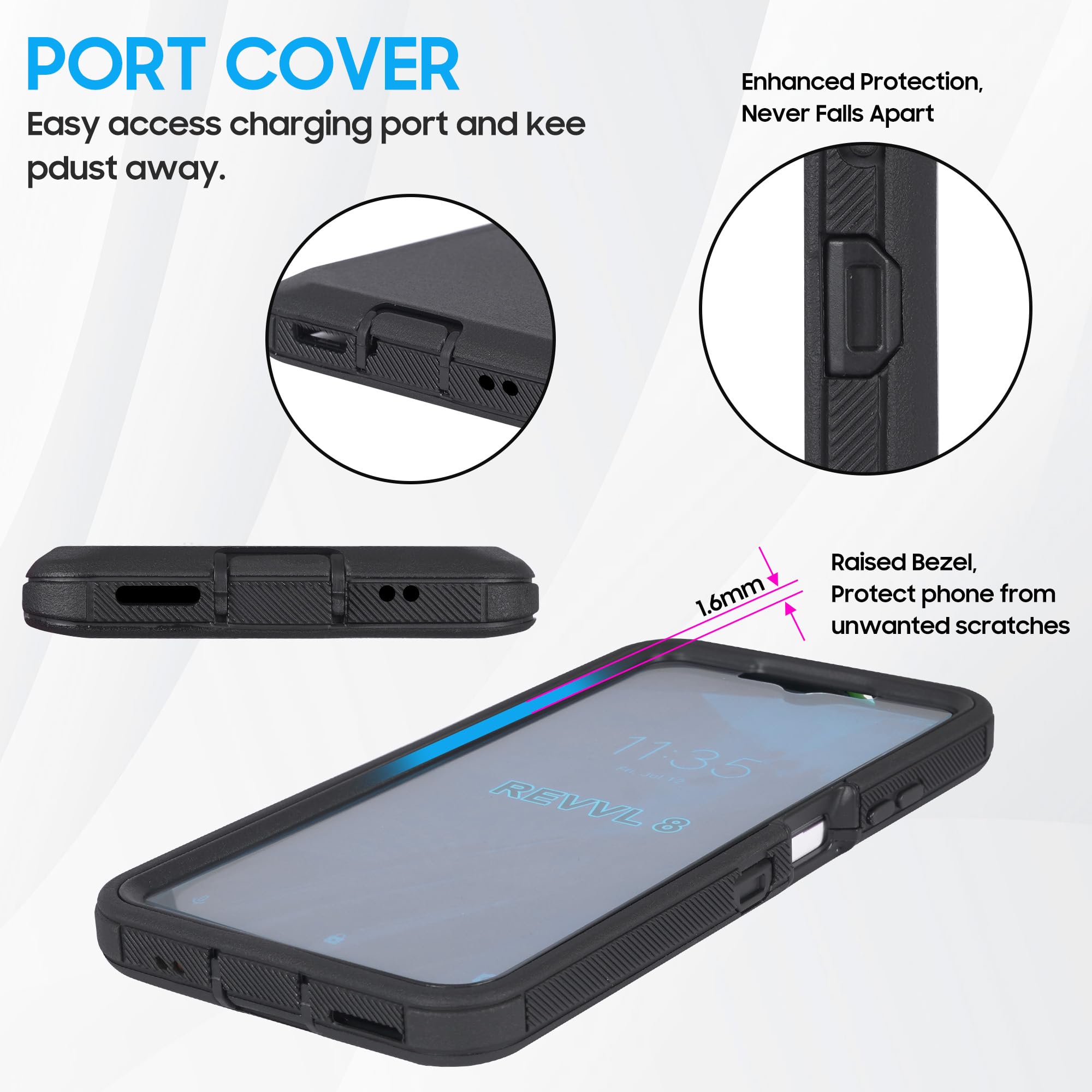 Custodia robusta compatibile con REVVL 8 con fondina con clip per cintura e protezione schermo integrata, resistente copertura antiurto integrale (nero)