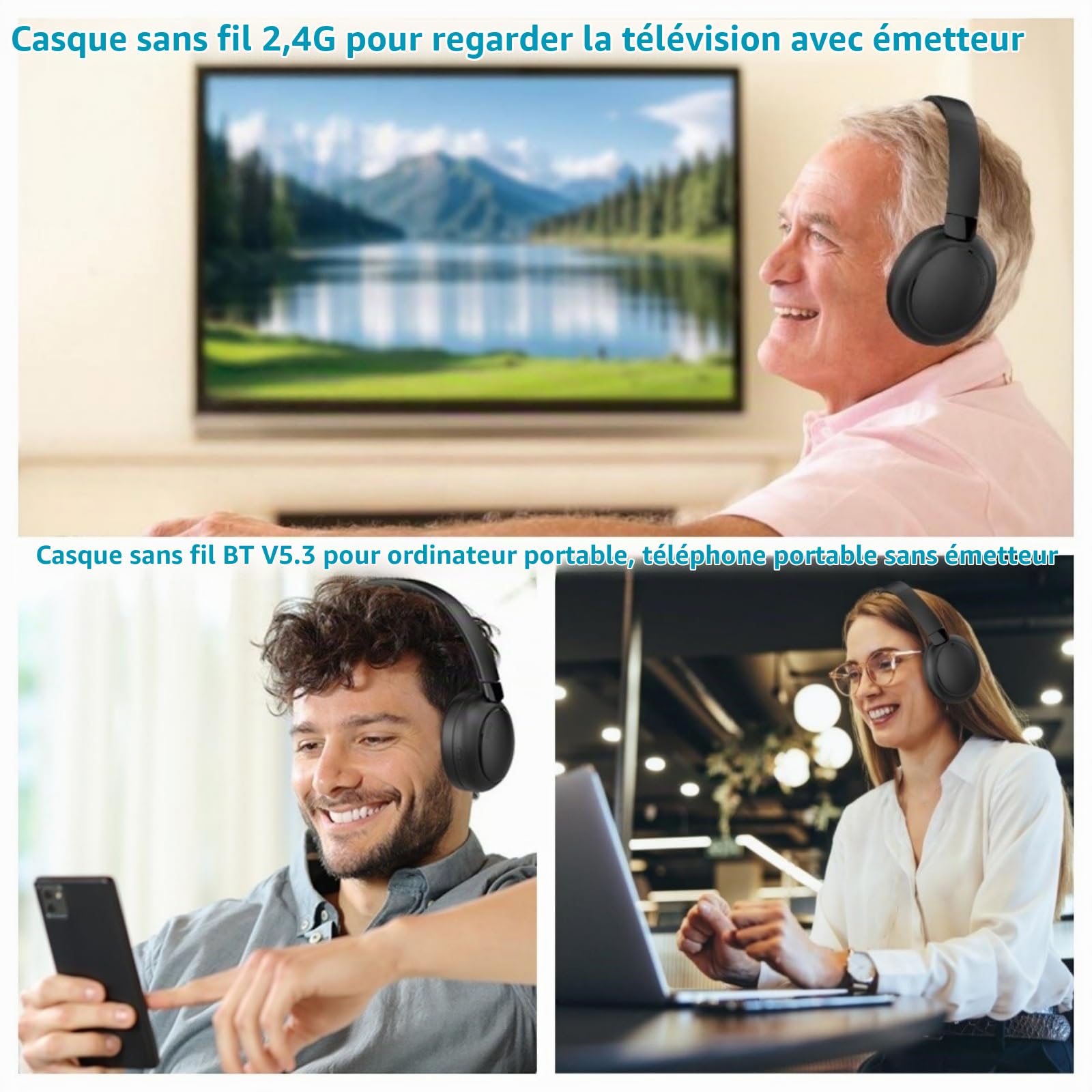 PROW Casque TV sans Fil, 2.4G et Bluetooth 5.3 Technologie bi-Mode Casque TV pour Personnes Âgées, Auriculaire sans Retard de Synchronisation, avec Base émettrice, Support Fibre Optique/USB/RCA/BT