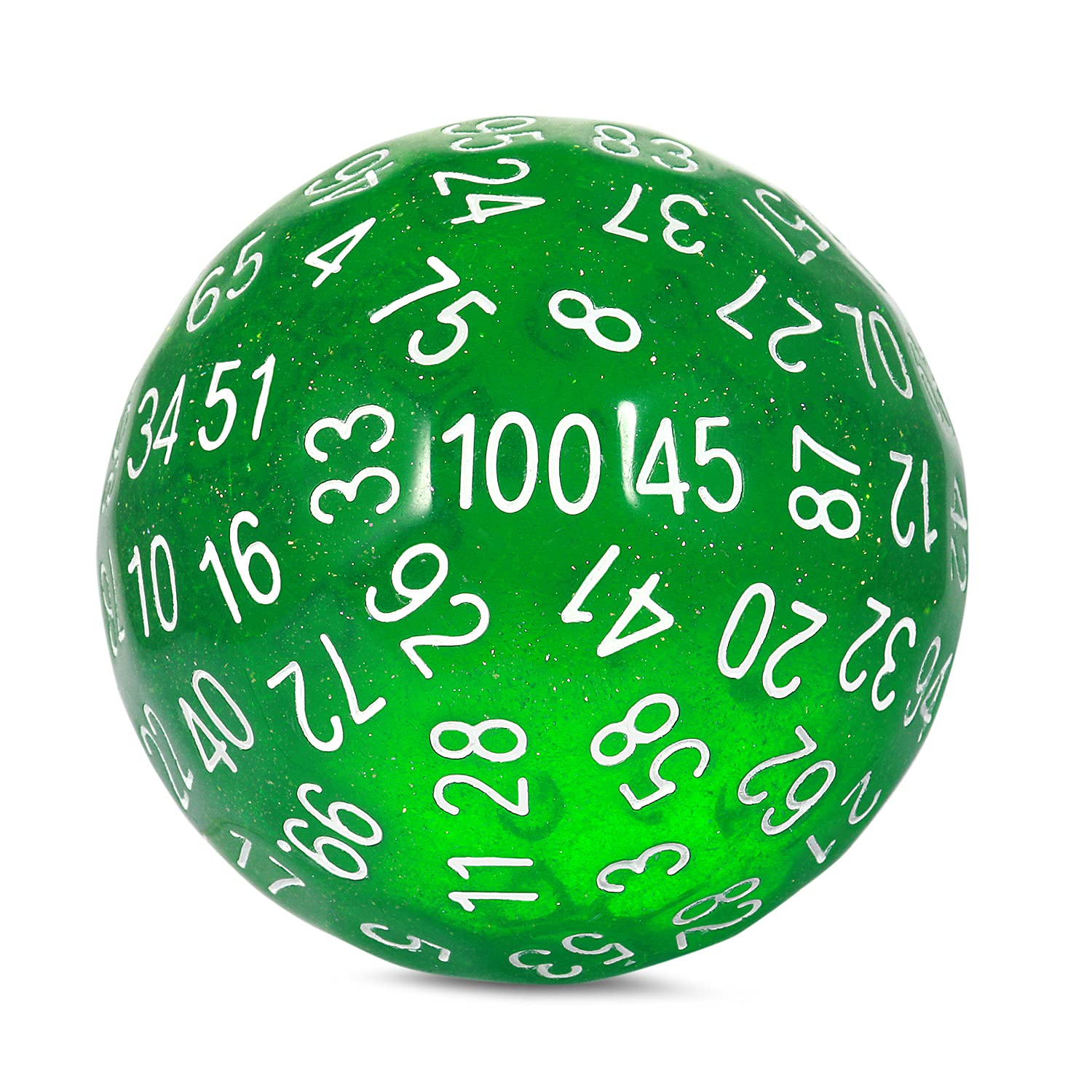 DNDND D100 - Juego de dados de 100 caras con purpurina verde con bolsa translúcida para Calabozos y Dragones (verde camaleón con número blanco)