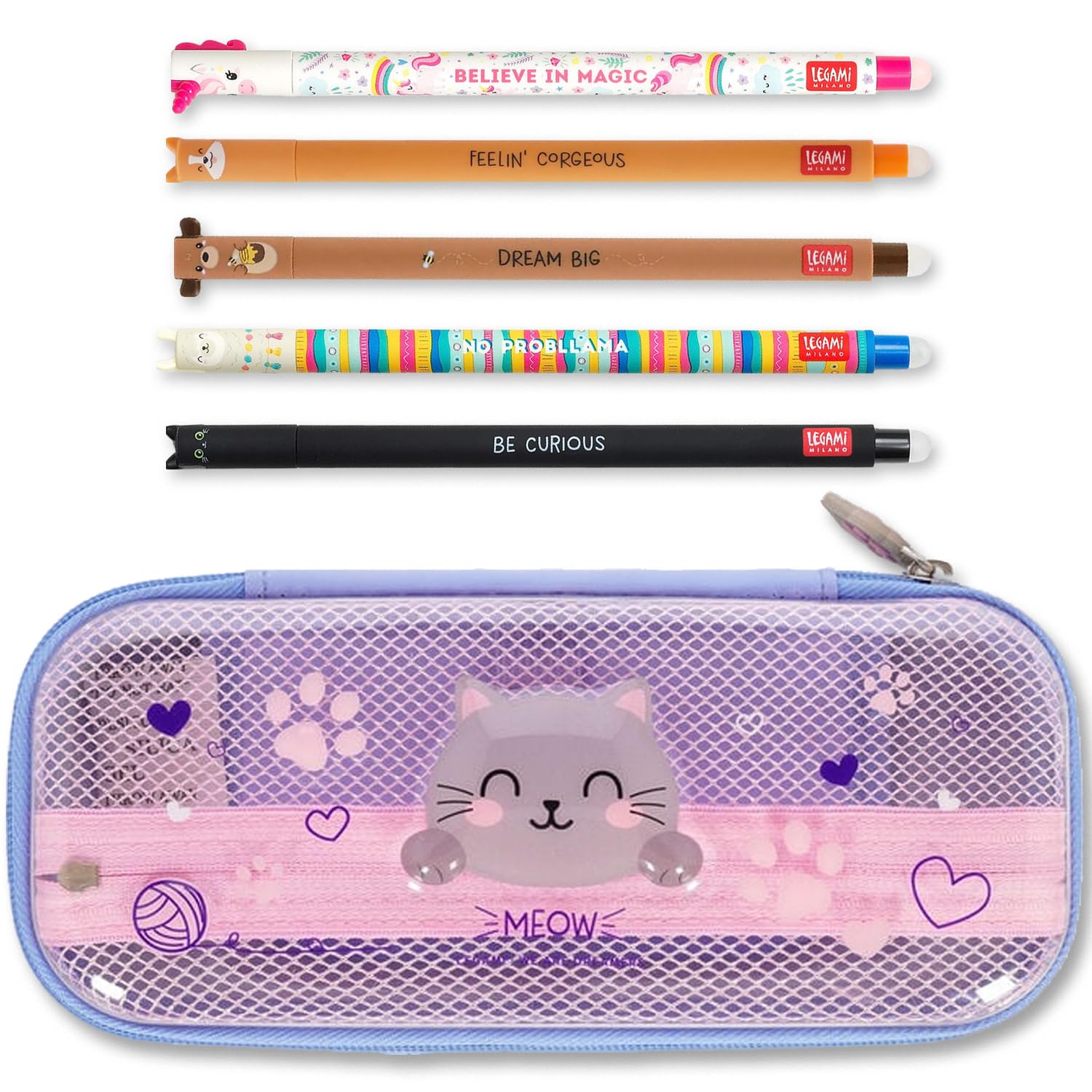 LEGAMI WonderWow Pencil Case & Erasable Pen | Set of 5 Cute Animal Pens with Thermosensitive Ink + 2-Compartment Pencil Case | Back to School Supplies for Girls, Boys, Kids# (Kitty) โ image 1