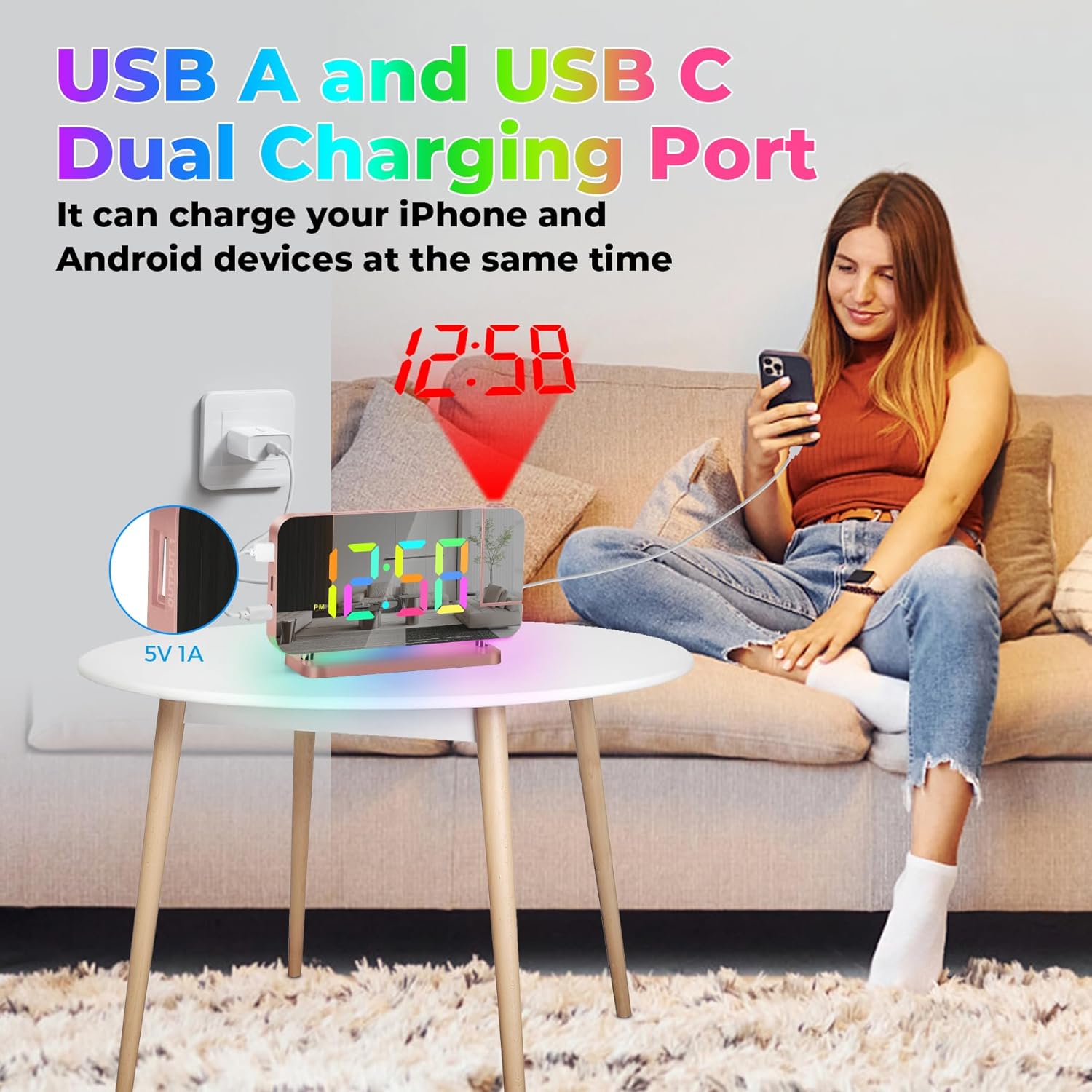 Poeroa Projector Clock,7.4 in Digital Alarm Clocks Projection on Ceiling Wall,with RGB Night Light,USB C Charging Port,Auto Dimming,LED Mirror Clock for Teen Girl Adults Bedroom Decor - Rose Gold