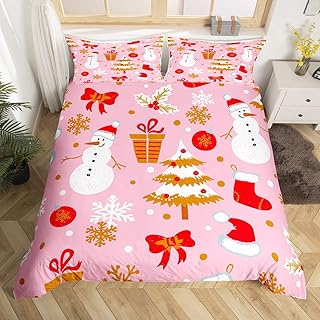 Pink Christmas Bed Sets Kawaii Xmas Tree Duvet Cover For Kids Boys Girls Winter Magic Snowflake Bedding Set Cute Snowman Comforter Cover Xmas Hats Girly Christmas Ornaments Bedroom Decor,3Pcs Full