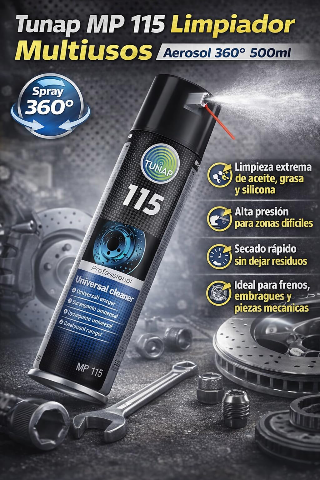 115 Limpiador de Frenos y Piezas Mecánicas 500 ml – Spray Desengrasante Profesional de Alta Presión, Evaporación Rápida, Válvula 360°, Elimina Aceite y Grasa | Pack Unidades (12)