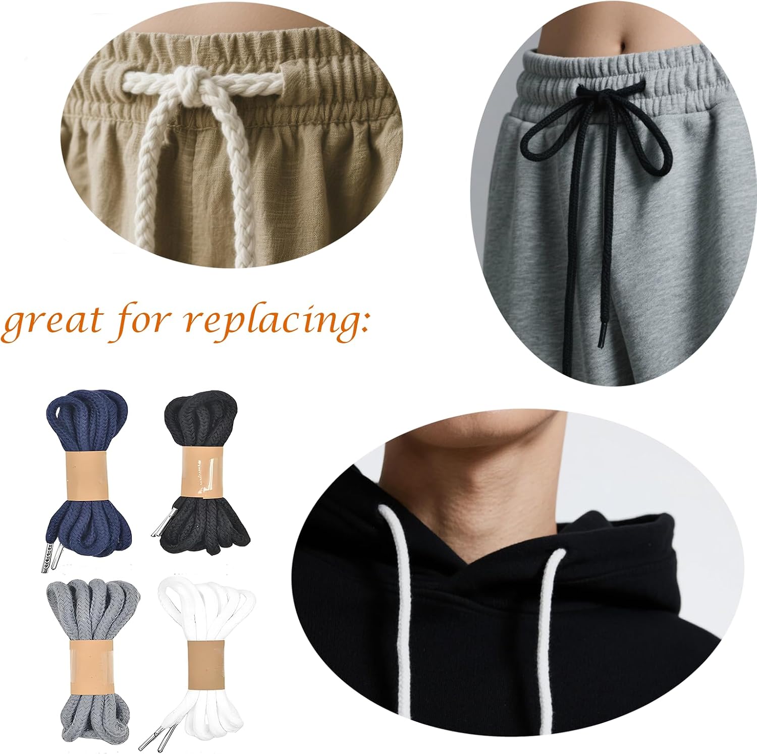 4 Pcs 53'' Drawstring Cords Replacement Drawstrings in 4 Colors facor,with 3 Style Easy Threaders for Sweatpants Shorts Pants Jackets Coats Hoodies