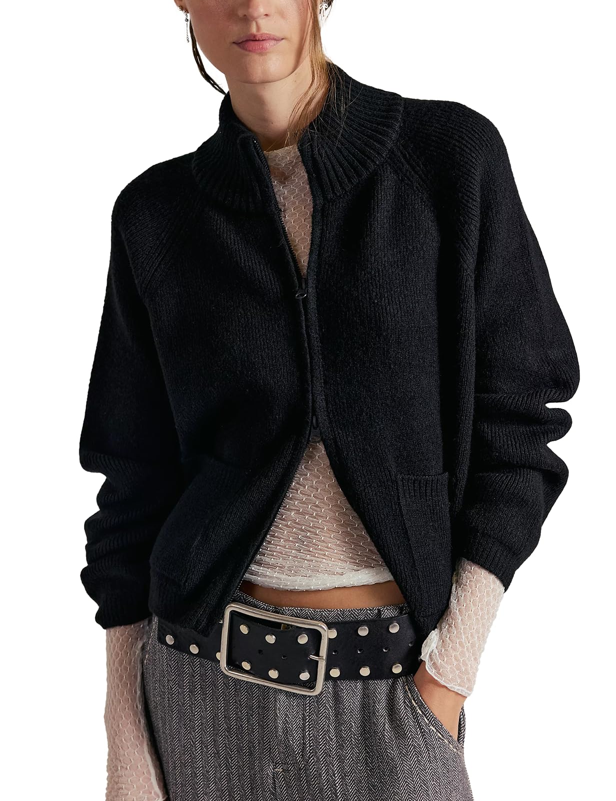 Gnveub Zip Up Sweaters for Women Long Sleeve Chunky Knit Sweater Jackets Cropped Cardigans Outerwear Coats with Pockets