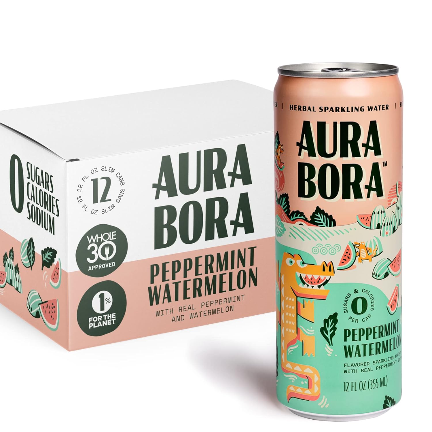 Aura Bora, Strawberry Basil Herbal Sparkling Water, 12 oz Can (Pack of 12), 0 Calories, 0 Sugar, 0 Sodium, Non-GMO