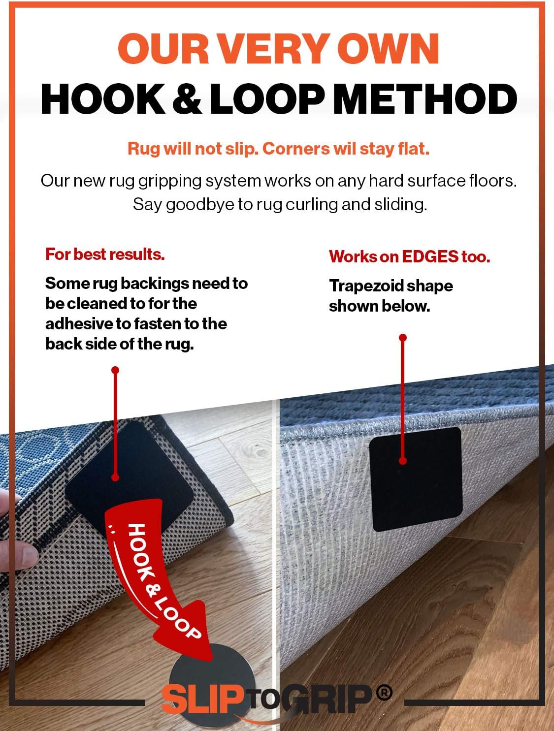 Hook and Loop Square Rug Corner Grippers - Easy to Install Grippers - Anti Curling Adhesive - 4 Corners Slip Proof Rug Grip Tape for Hardwood Floors, Carpet, Tiles, Hallways and Runners - Patented