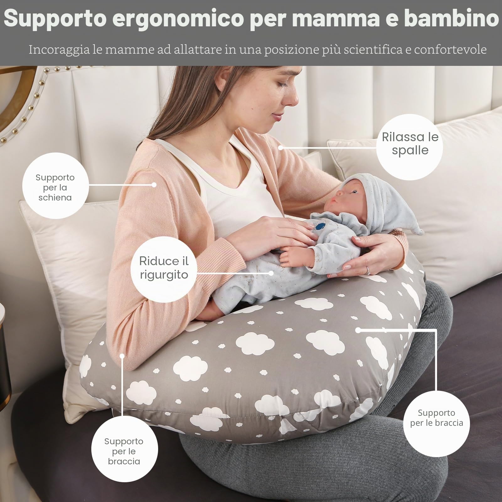 Labtec Cuscino Allattamento Neonato, cuscino tummy time neonato, con cinghia regolabile in vita, cuscino di supporto per bambini, 100% cotone