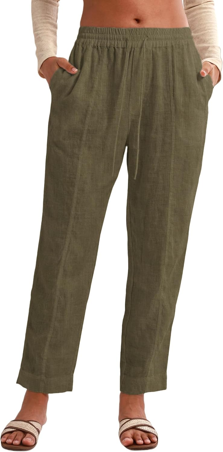Amazhiyu Women's Pure Linen Summer Elastic Waist Drawstring Tapered Pants Green, Medium
