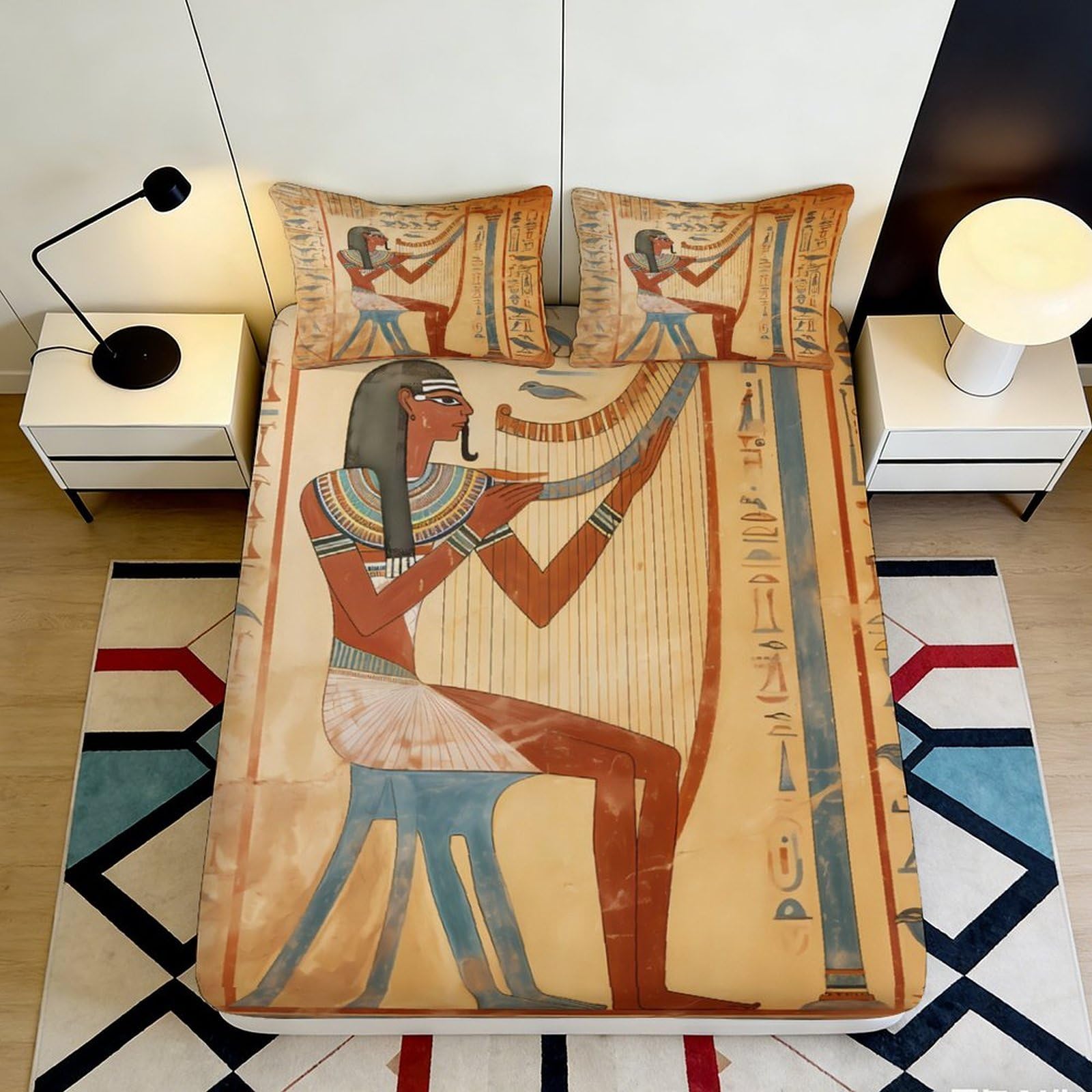 3D Printed Ancient Egyptian Art Fitted Sheet Microfiber Soft Breathable Goddess Harp Bed Cover for Bedroom Decor 90x200x25cm