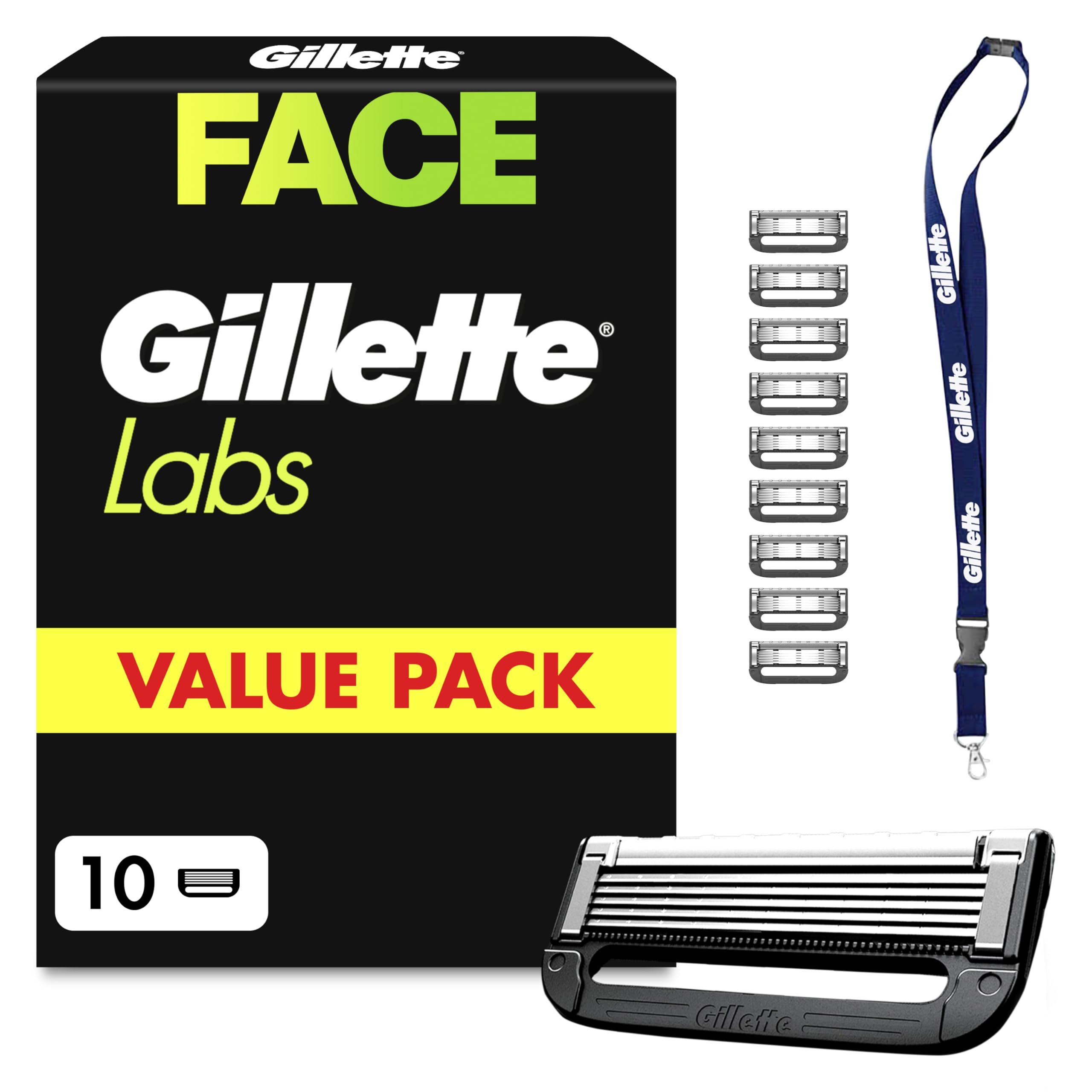 Gillette Labs Lames de Rasoir Homme Pack de 10 Cartouches, avec Tour de Cou | Recharges Compatibles avec les Manches de la Série, en Acier Inoxydable, 1 Rechange Jusqu’à 30 Rasages