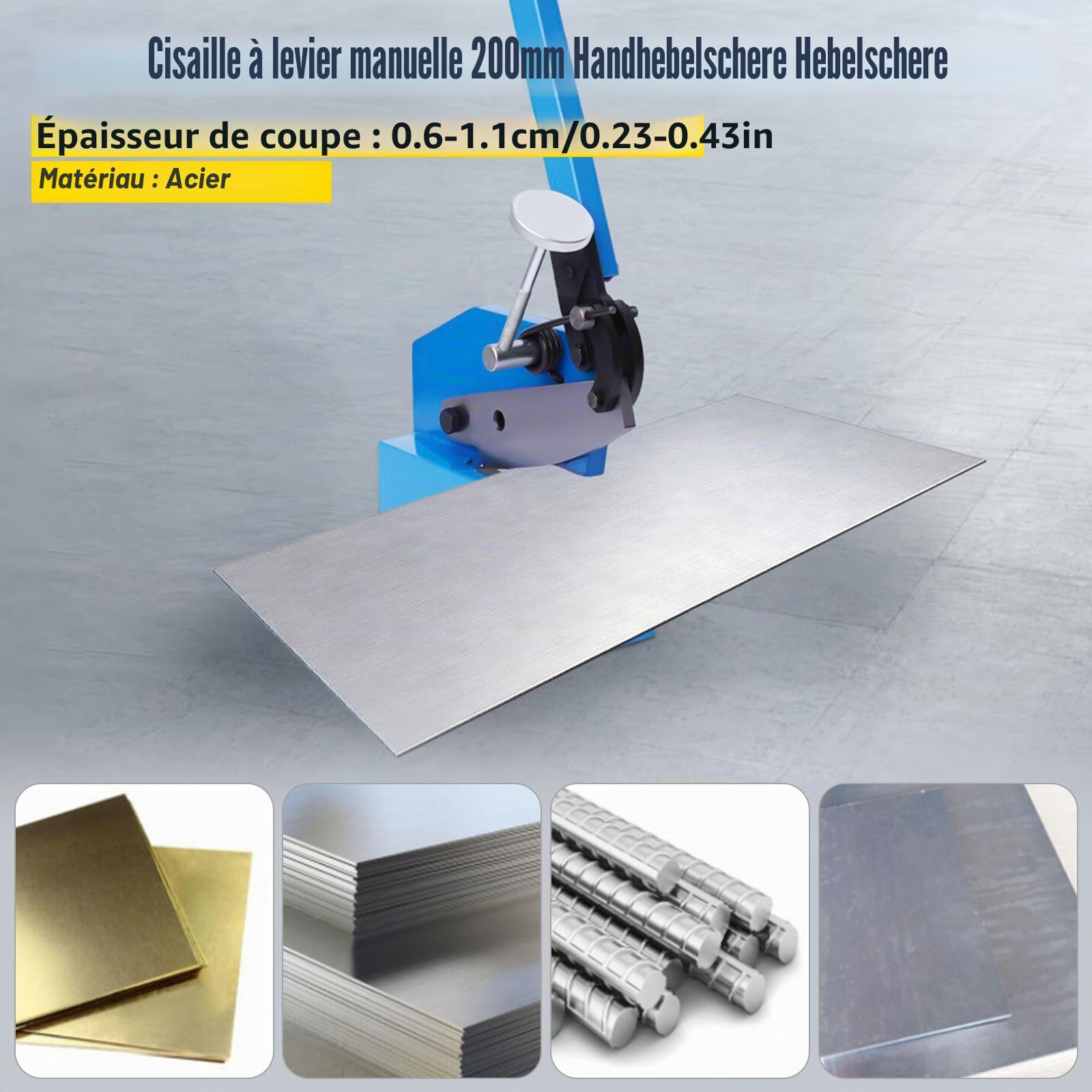 Cisaille à tôle manuelle avec lame de 12,5 cm – Ciseaux à levier manuel pour plaques d'acier, acier rond et plat jusqu'à 11 mm, coupe-métaux avec long levier et pince réglable