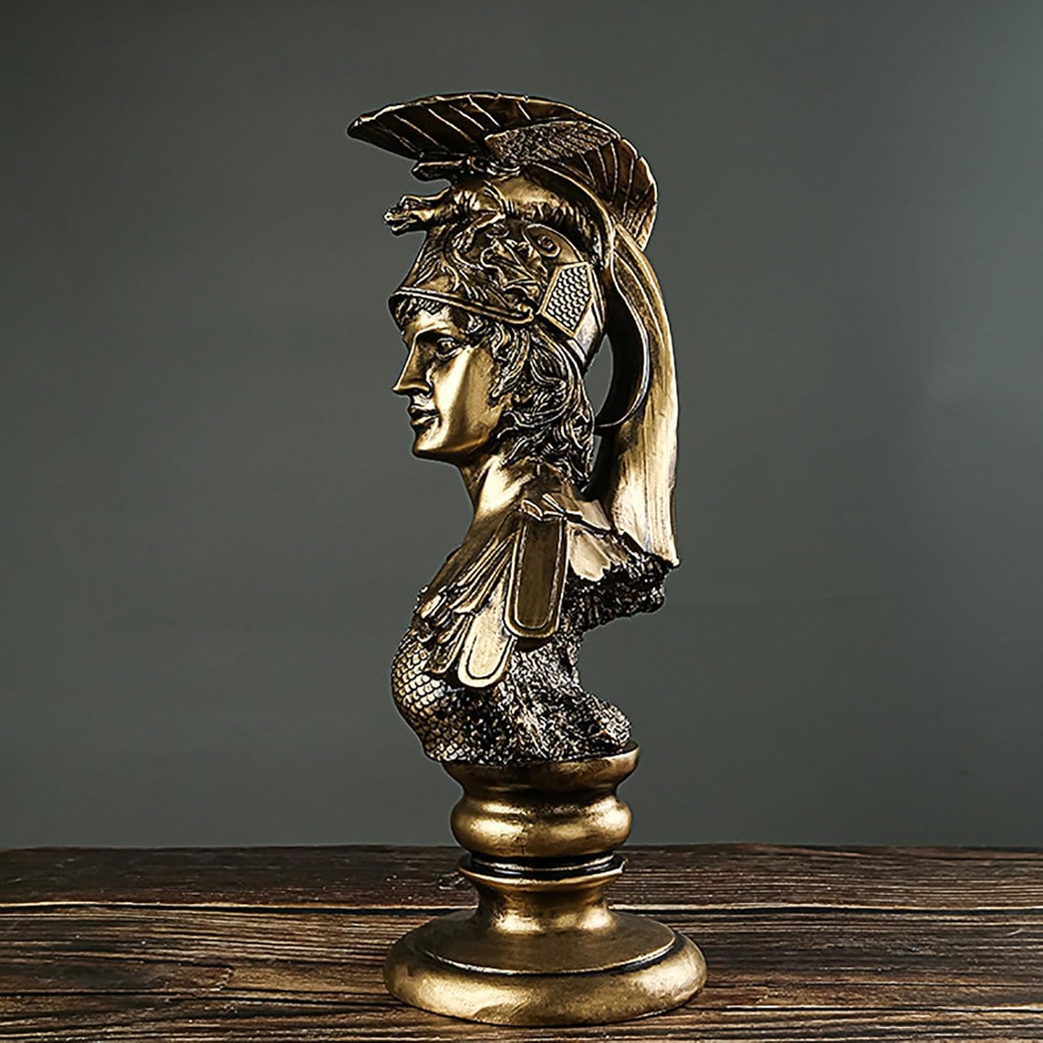 BK&MF Retro Helmet Warrior Bust Sculpture, 15" Antique Bronze Resin Statue, Desktop Decor, Medieval Knight Armor Figurine for Office Home Decor,Gold,8x5x15inch
