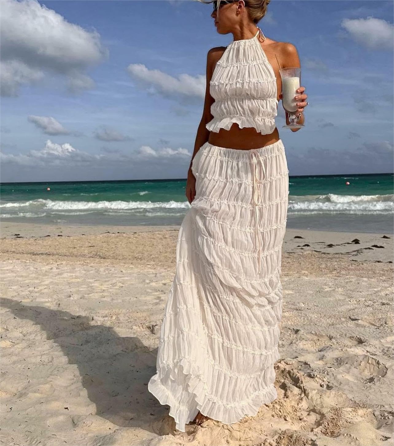 Women Two Piece Maxi Skirt Set Y2k Sleeveless Crop Cami Top Ruffle Tiered Flowy Long Skirt Vacation Beach Outfits