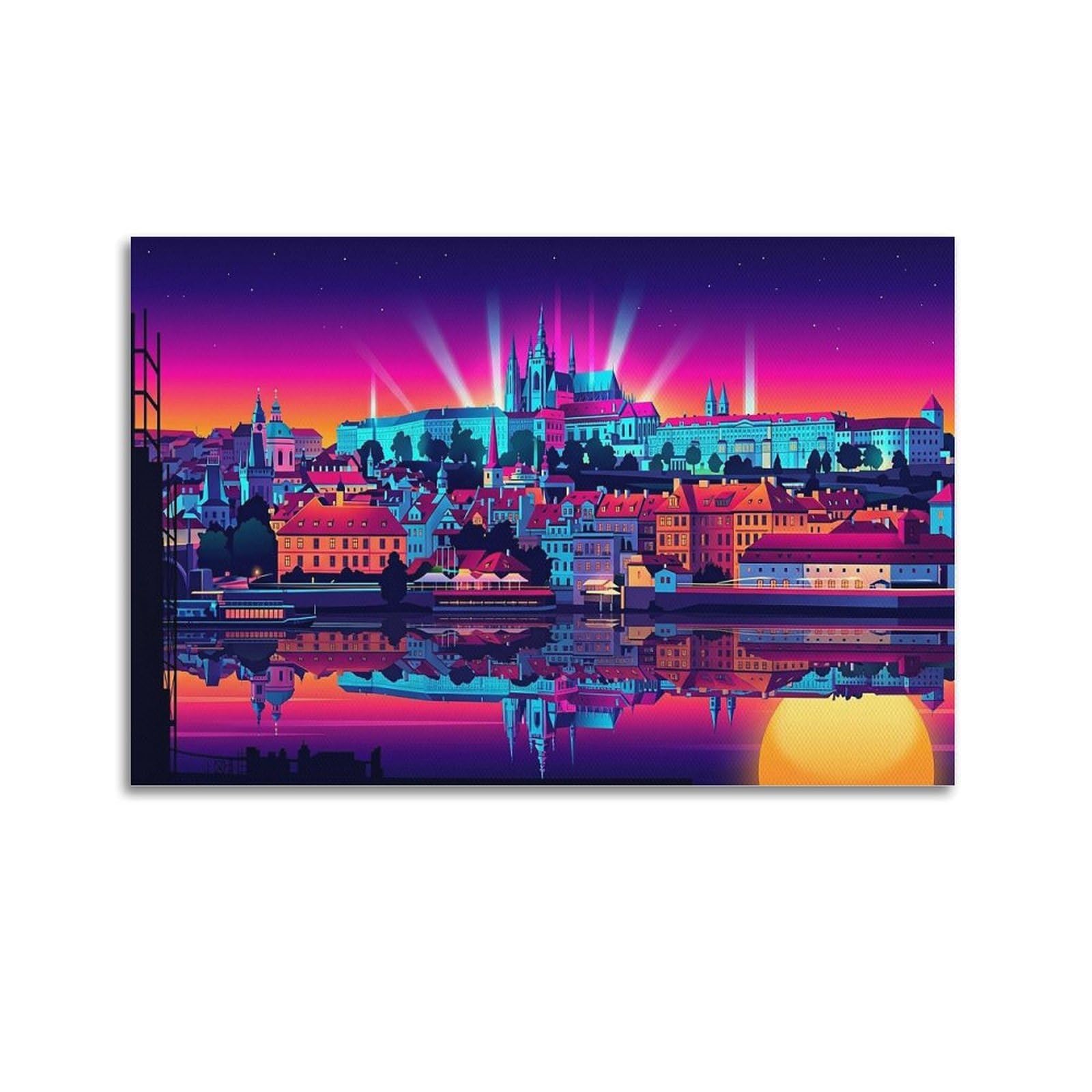 XKUGA Prague Synthwave Travel Scenery Posters Modern Decorative Canvas Prints - Ideal Wall Art for Family, Man Cave, Game Room, Boys & Girls Bedroom 20x30inch(50x75cm)