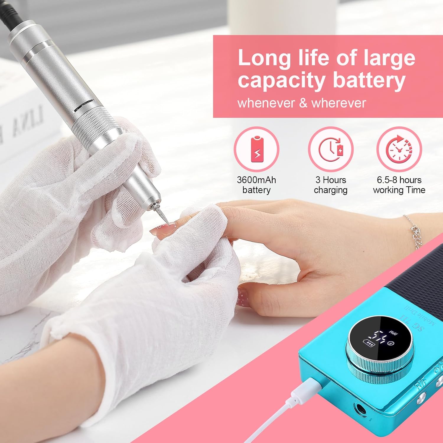 Electric 45000RPM Nail Drill Machine Rechargeable Portable Nail File Electric DIY Nail Drill Kit with Smart LCD Screen for Gel Nail Manicure and Pedicure Reflective Body etc (Blue)