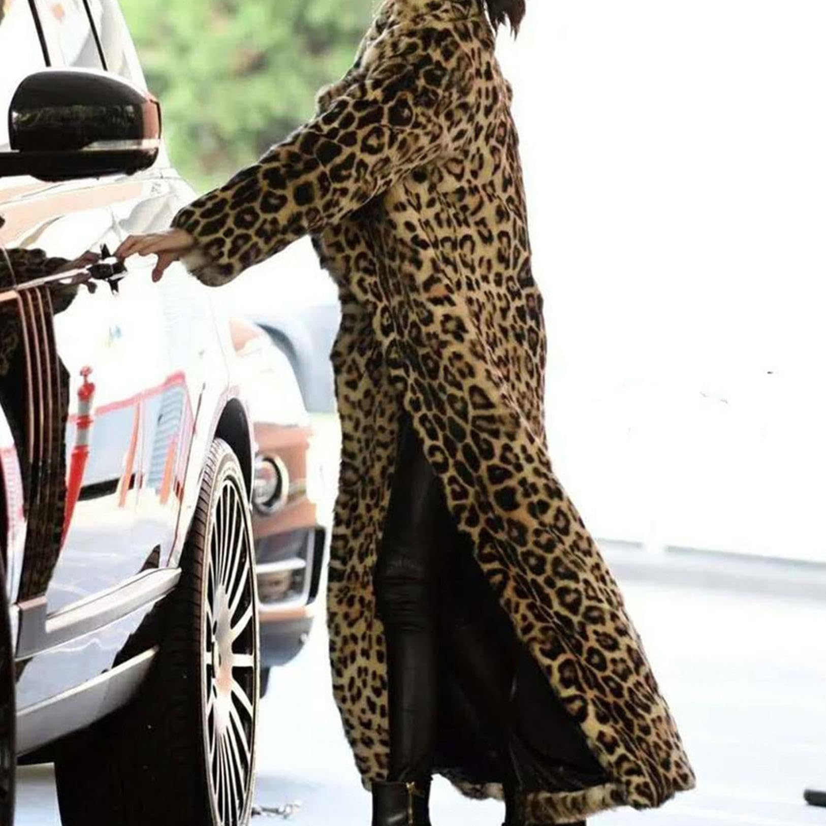 Leopard Felljacke Damen Extra Lang Mode Revers Kunstfell Jacke Dicke Warm Wintermantel Flauschiger Bequemer Fleecejacke Elegant Kunstpelz Mantel Herbst Winter Übergangsjacke Locker Pelzjacke