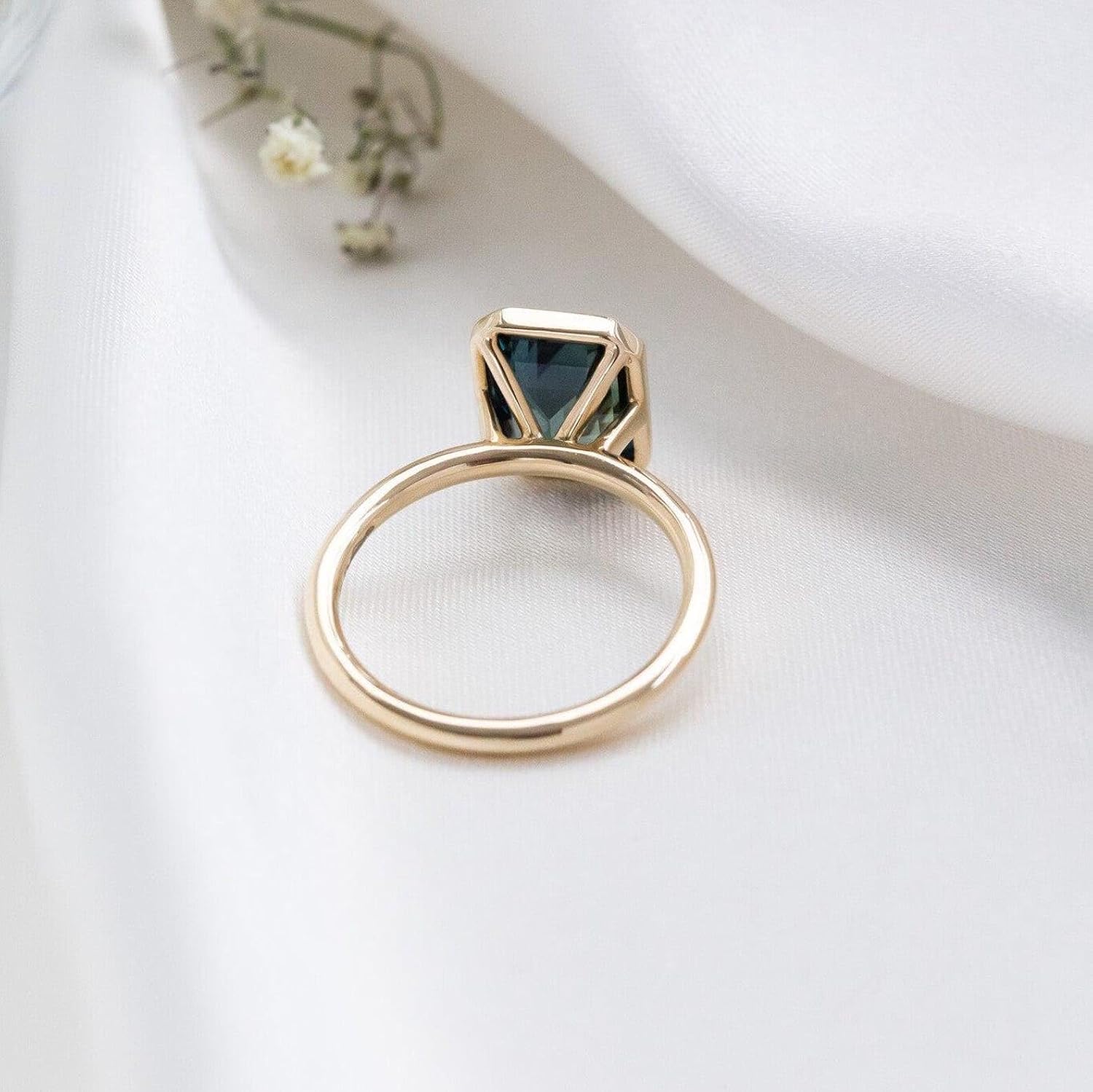 14K Yellow Gold Emerald Cut Teal Sapphire Engagement Ring - Bezel Set Lab-Created Gemstone Bridal Ring, Handmade Vintage-Inspired Promise Ring Gift for Her