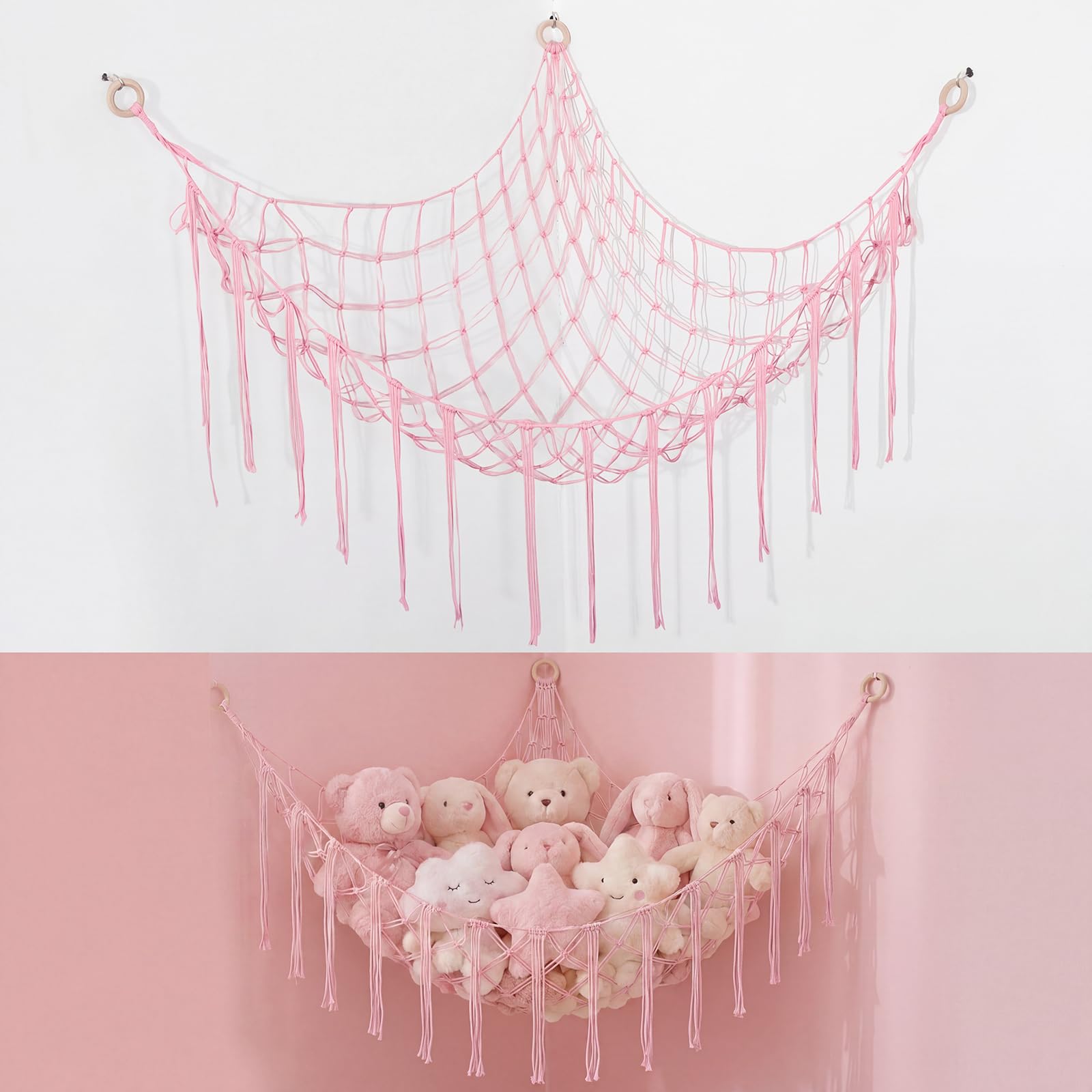 Toy Hammock for Stuffed Animals, 41"*41"*59" Soft Cuddly Plush Toys Macrame Net, Corner Hanging Organizer for Nursery Decor, Pink