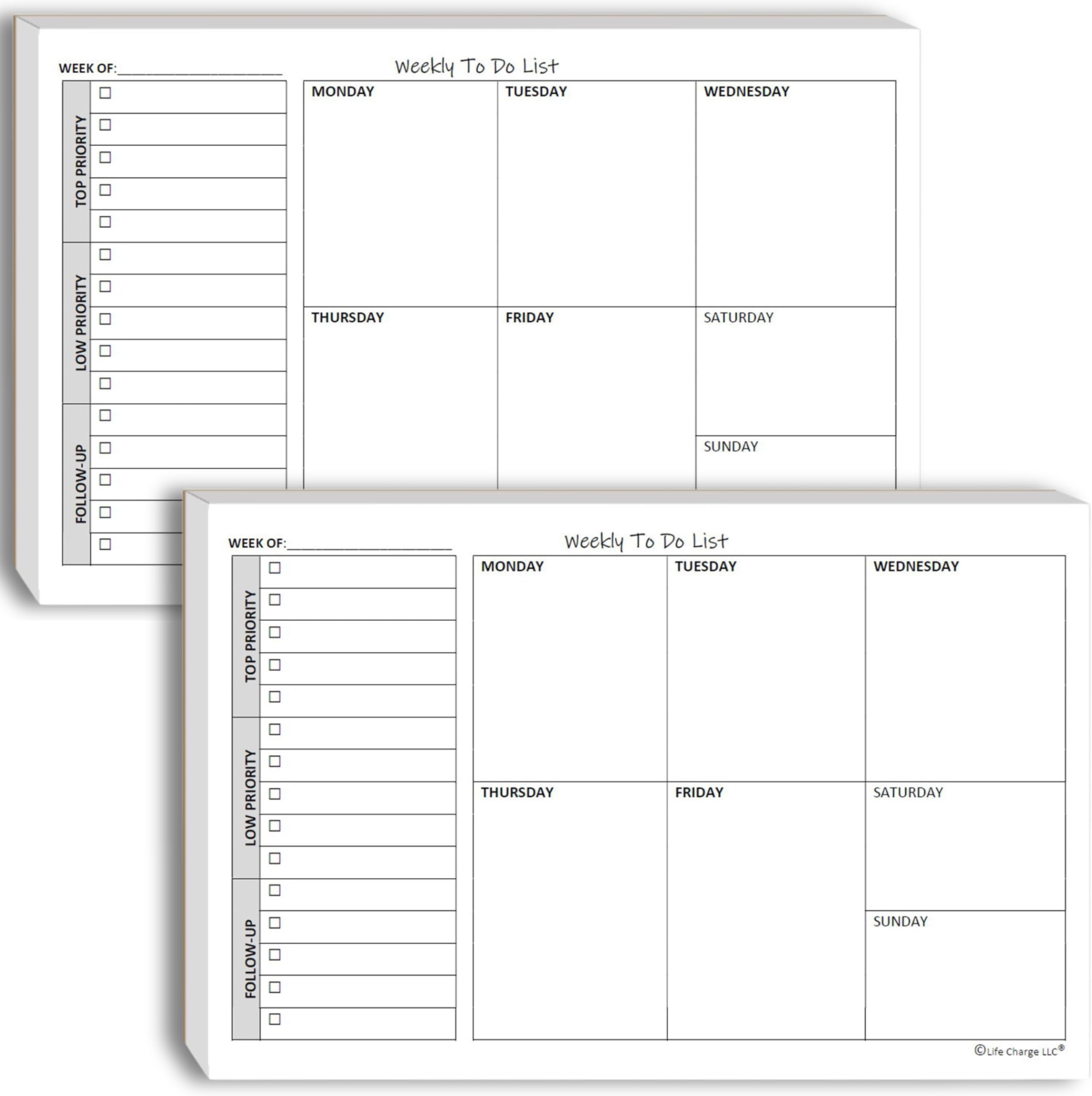 Weekly TO DO List Notepads (2 Pack, 50 Pages Each) Task Pad Planner w/ Daily Checklist, Priority ToDo & Note Sections. Desk Notebook Pad to Organize Office. 8.5 X 5.5, A5 Sheets. Made in the USA.
