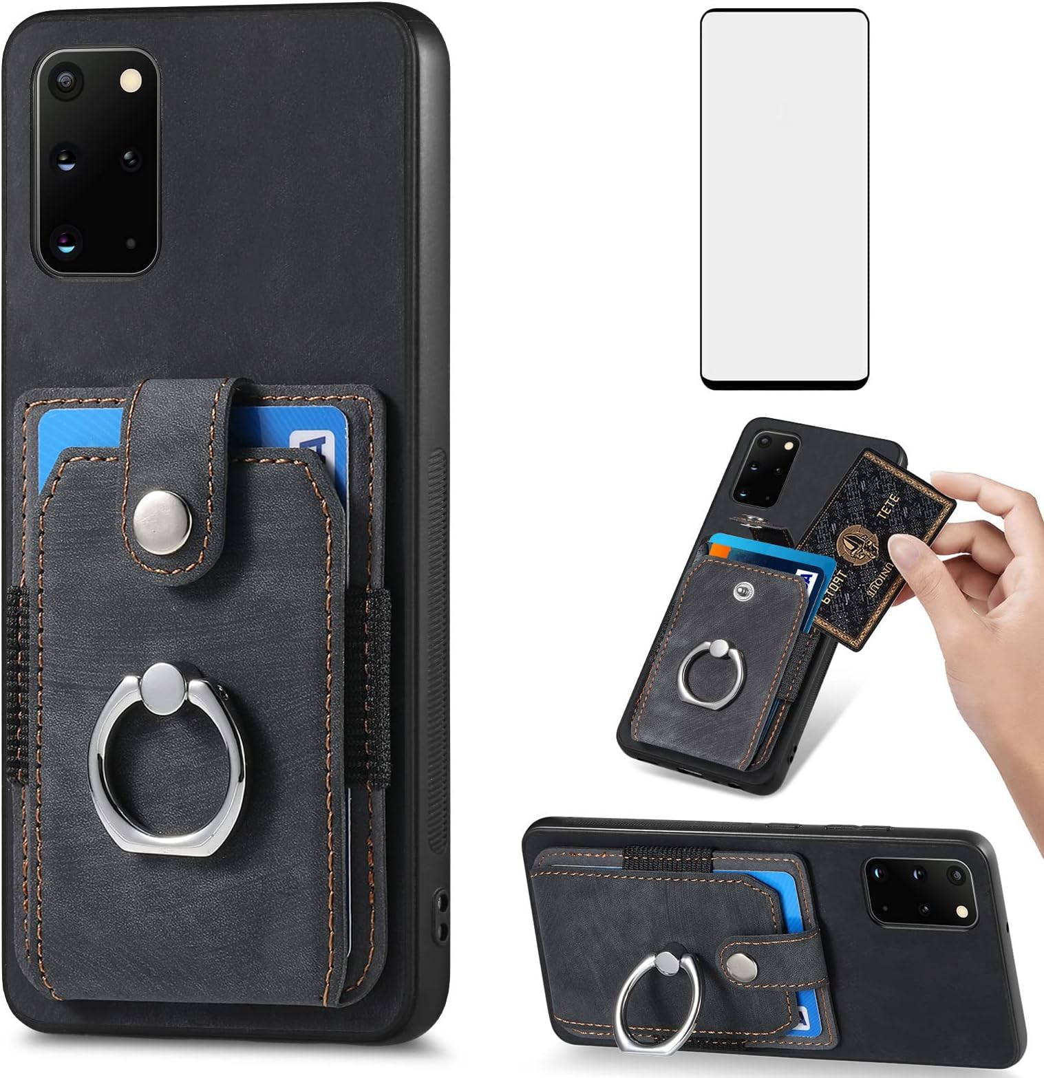 Asuwish Phone Case for Samsung Galaxy S20 Plus S20+ 5G Wallet Cover with Tempered Glass Screen Protector and Slim Ring Stand Credit Card Holder S20+5G S20plus 20S + S2O S 20 20+ G5 Women Men Black