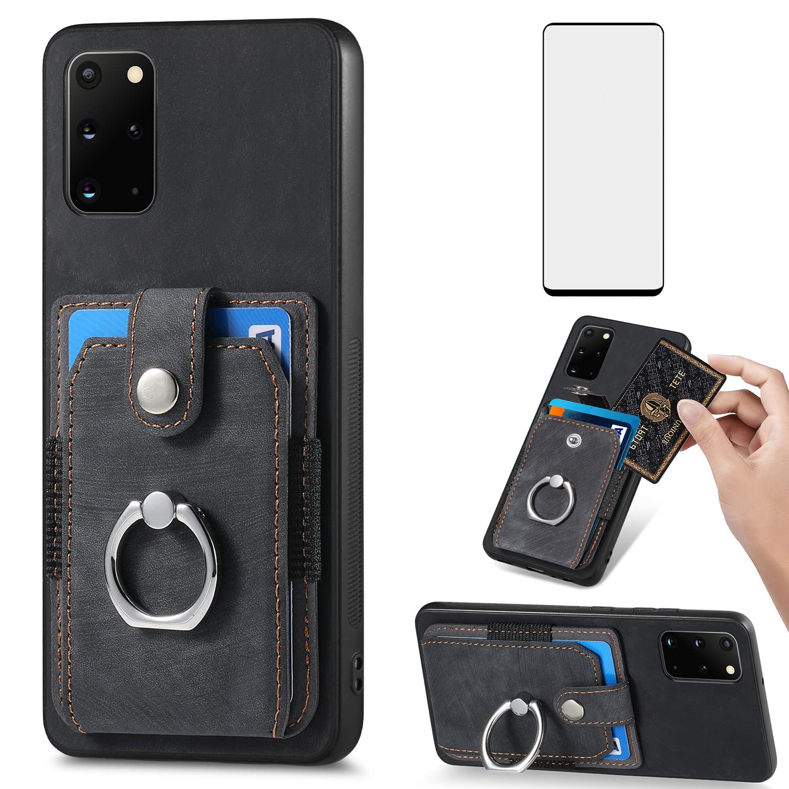 Asuwish Phone Case for Samsung Galaxy S20 Plus S20+ 5G Wallet Cover with Tempered Glass Screen Protector and Slim Ring Stand Credit Card Holder S20+5G S20plus 20S + S2O S 20 20+ G5 Women Men Black