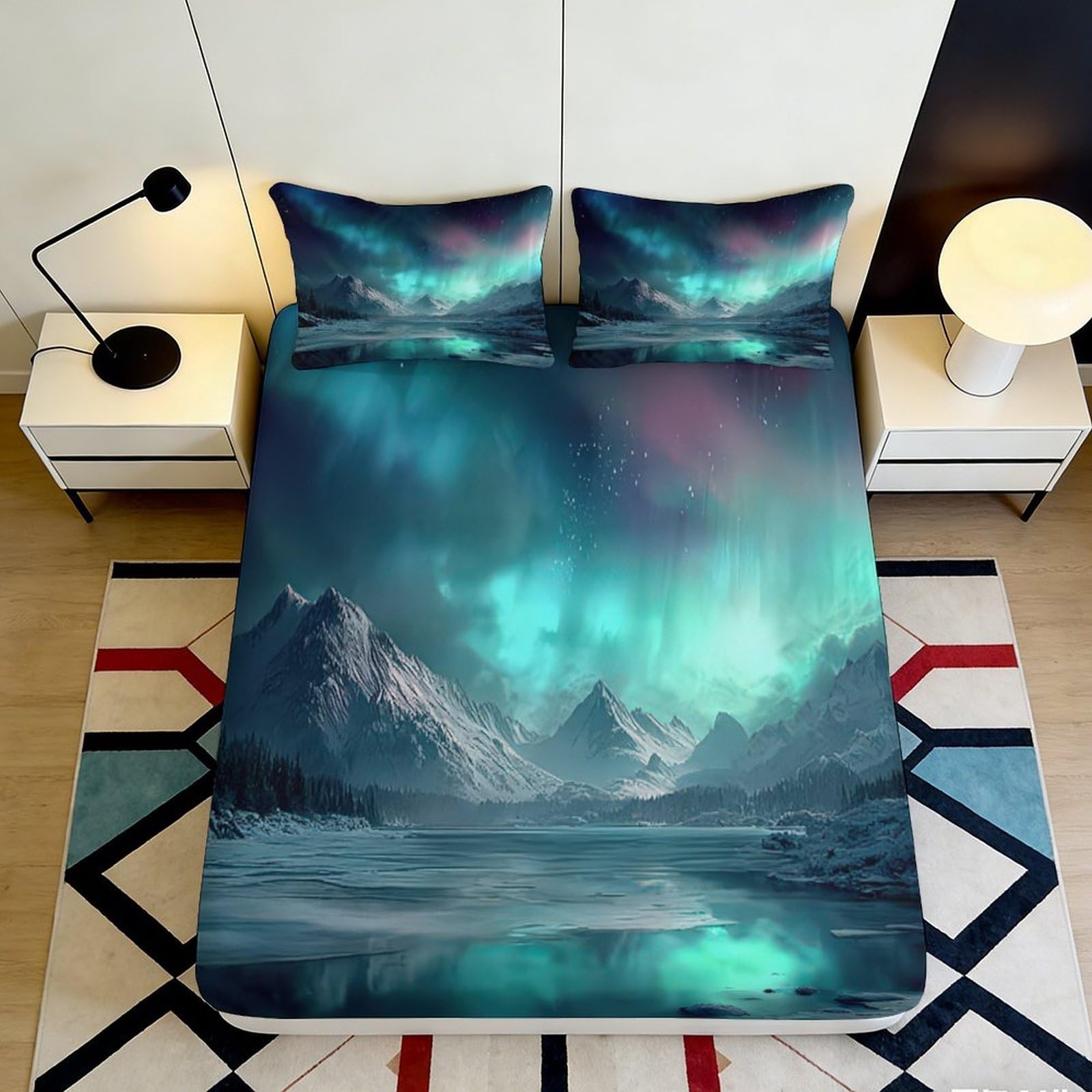 3D Printed Northern Lights Fitted Sheet Microfiber Soft Breathable Aurora Mattress Cover for Bedroom Dormitory Guest Room Mattress Protection Decor 140x200x25cm
