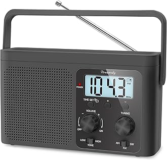 DreamSky AM FM Radio Portable - Shortwave Radio Battery Powered or Plug in Wall for Home Outdoor, Strong Reception, Large Dial Easy to Use, Digital Time Display, Transistor Antenna, Seniors Small Gfit
