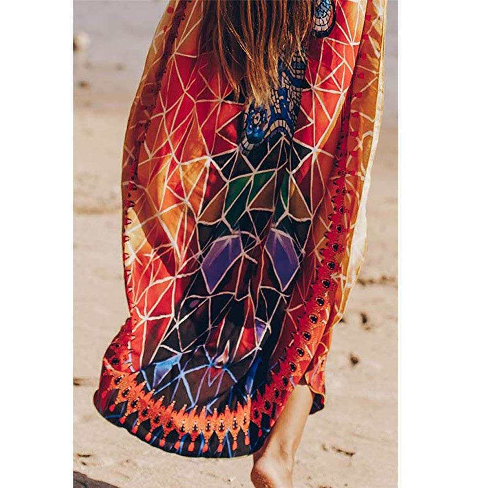Caftan Vestido Largo de Playa Mujer Verano Traje de Baño Bohemio Floral Maxi Túnica Pareo Bikini Cover Up
