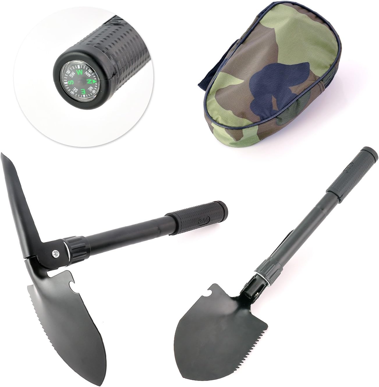 6.7 Inch Army Military Folding Multi-Function Shovel, Saw, Pickaxe, Compass and Bottle Opener for Outdoor Camping Hiking Gardening