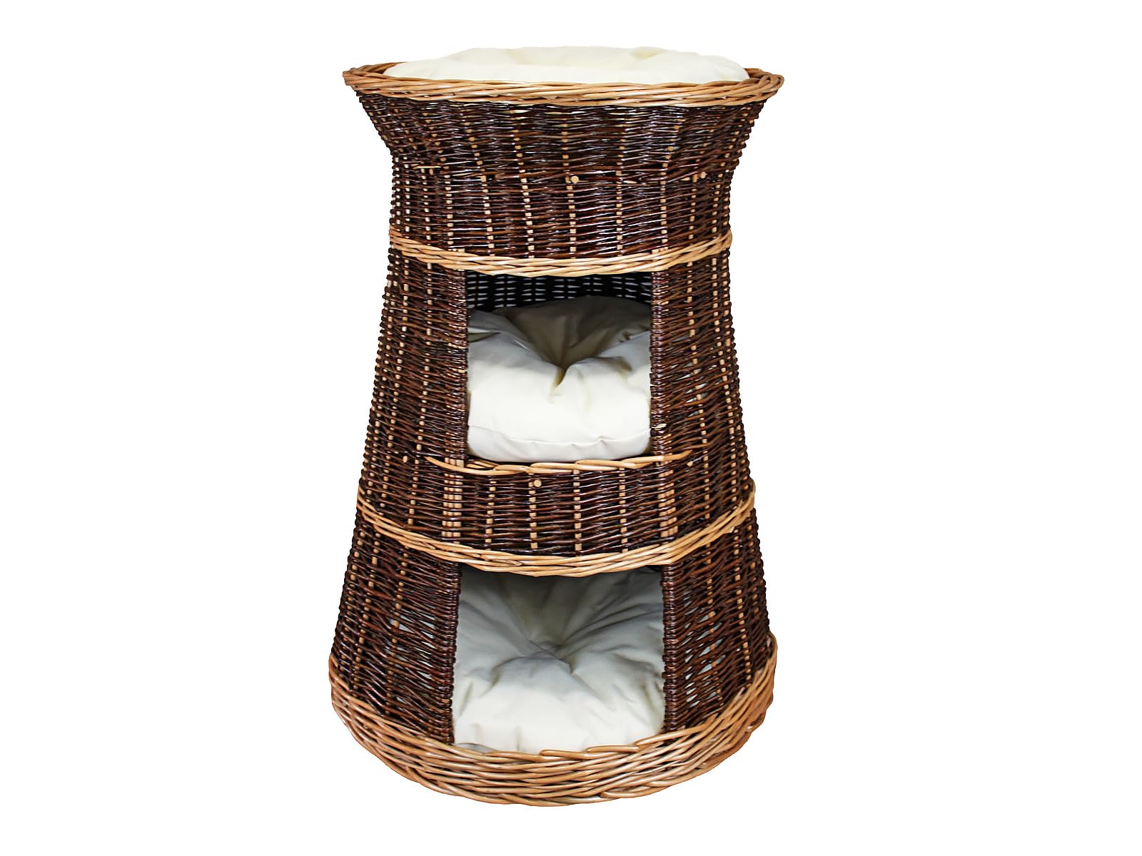 Katzenkorb zum Schlafen – Katzenhütte Indoor – Größe: 43 x 49 x 70 cm rund – Katzenhöhle aus Weide – Dreistufiges Bett für Hunde oder Katzen mit waschbaren Kissen in Ecru – Lackierter Korb