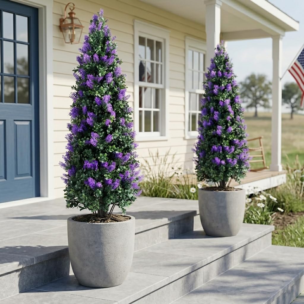 3.3FT Artificial Lavender Topiary Trees Set of 2 with Spike, UV Resistant Fake Plants Bushes, Tall Faux Shrubs for Outdoor Indoor Planter, Outside Realistic Evergreen Front Yard Porch Decor