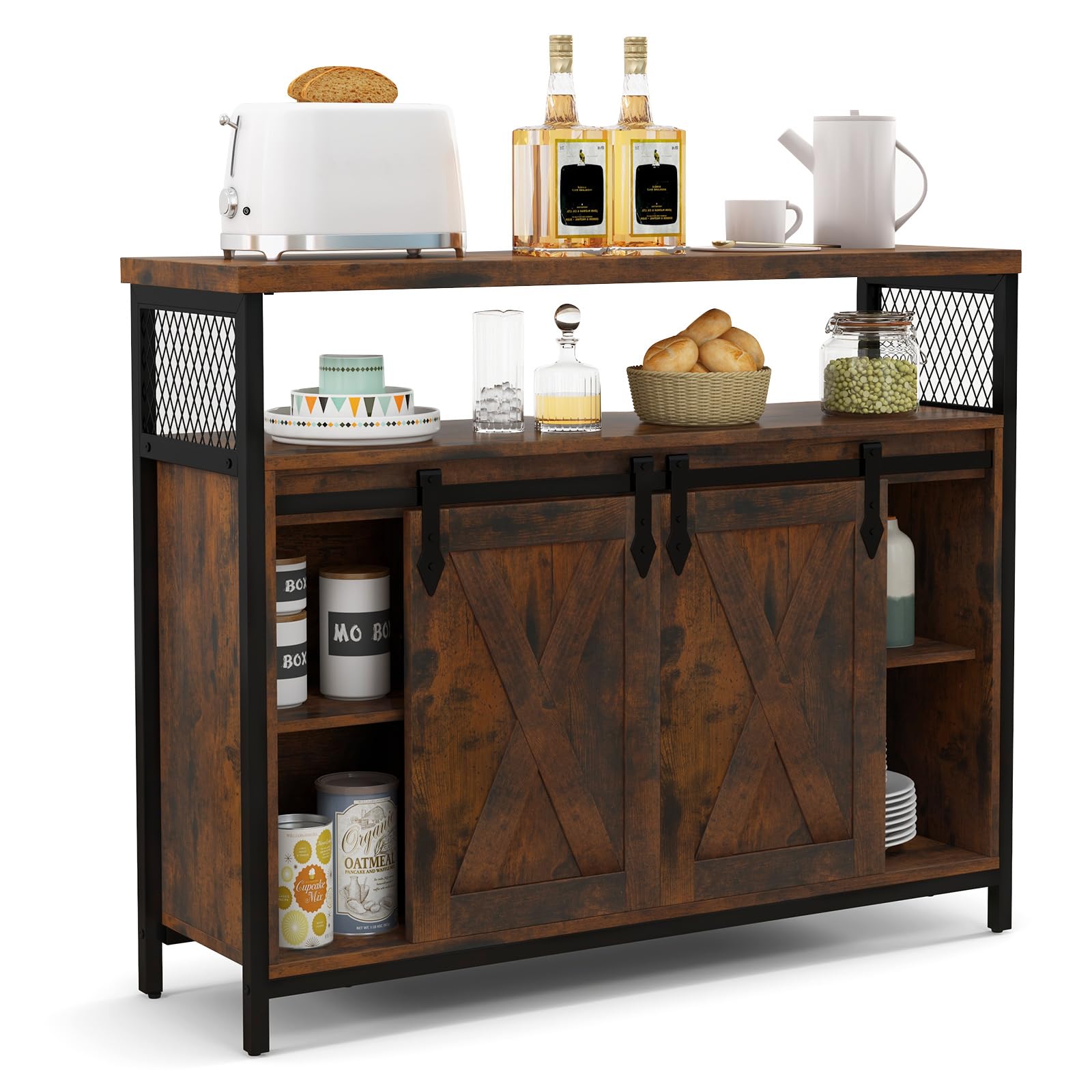 COSTWAY Aparador, Aparadores para Salon con Estantes Ajustables de 3 Niveles, Puerta Corrediza, Compartimentos Abiertos, Aparador para Cocina, Sala de Estar, Comedor, Marrón Rústico (100 x 33 x 80 cm)