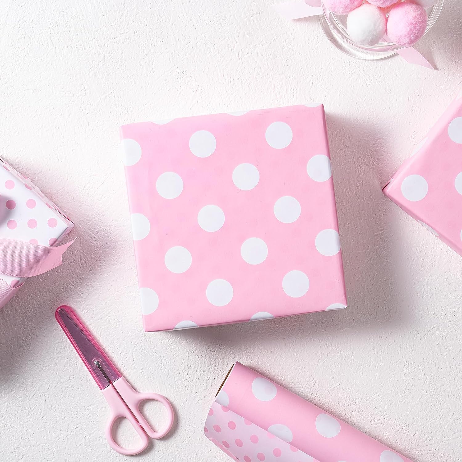 RUSPEPA Reversible Polka Dot Wrapping Paper, Mini Roll, Pink and White Large & Small Dots Design, Soft Pastel Gift Wrap for Birthday, Baby Shower, Bridal Shower, Spring Party, 17 Inches x 16.4 Feet image 4