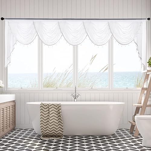 NICETOWN Cenefas de cortina transparentes con borlas y cuentas para sala de estar, cenefa de ventana con bolsillo para barra, cenefa de ventana para