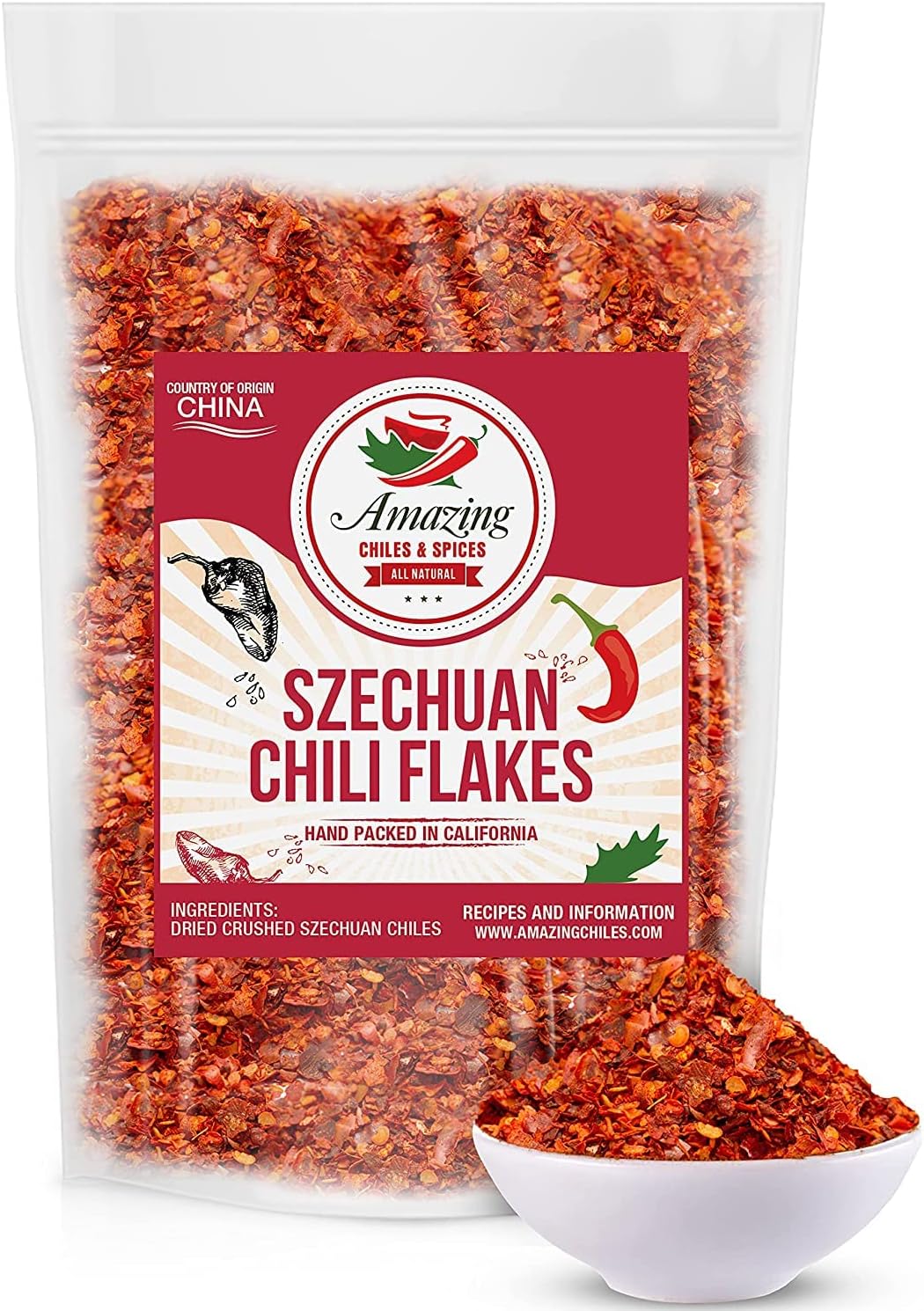 Sichuan Chili Flakes, 1LB (16oz) - Traditional Red Pepper Spices and Szechuan Seasoning for Thai, Korean, Mexican, and Asian Dishes, Authentic Medium Hot Flavor for Kimchi, Pizza, Tacos, or Oils by Amazing Chiles and Spices