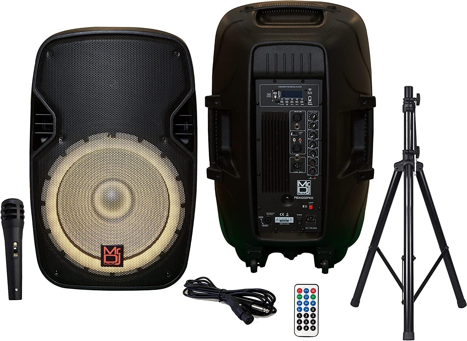 2 MR DJ PBX4200PKG 15" 2-Way PA DJ 3000W Active Powered Bluetooth Karaoke Speaker LED Lighting + Speaker Stand