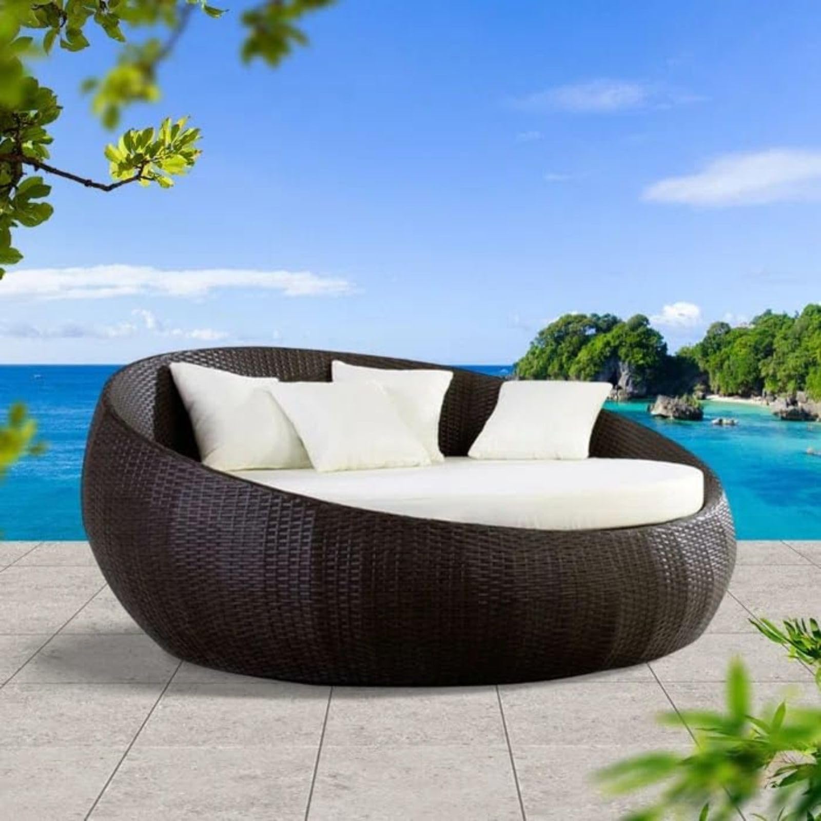 BRISHI Outdoor/Pool Side/Garden/Balcony/Porch/Backyard/Terrace/Patio/Beach/Sofa Sunbed Wicker and Rattan Daybed (Dark Brown/White)